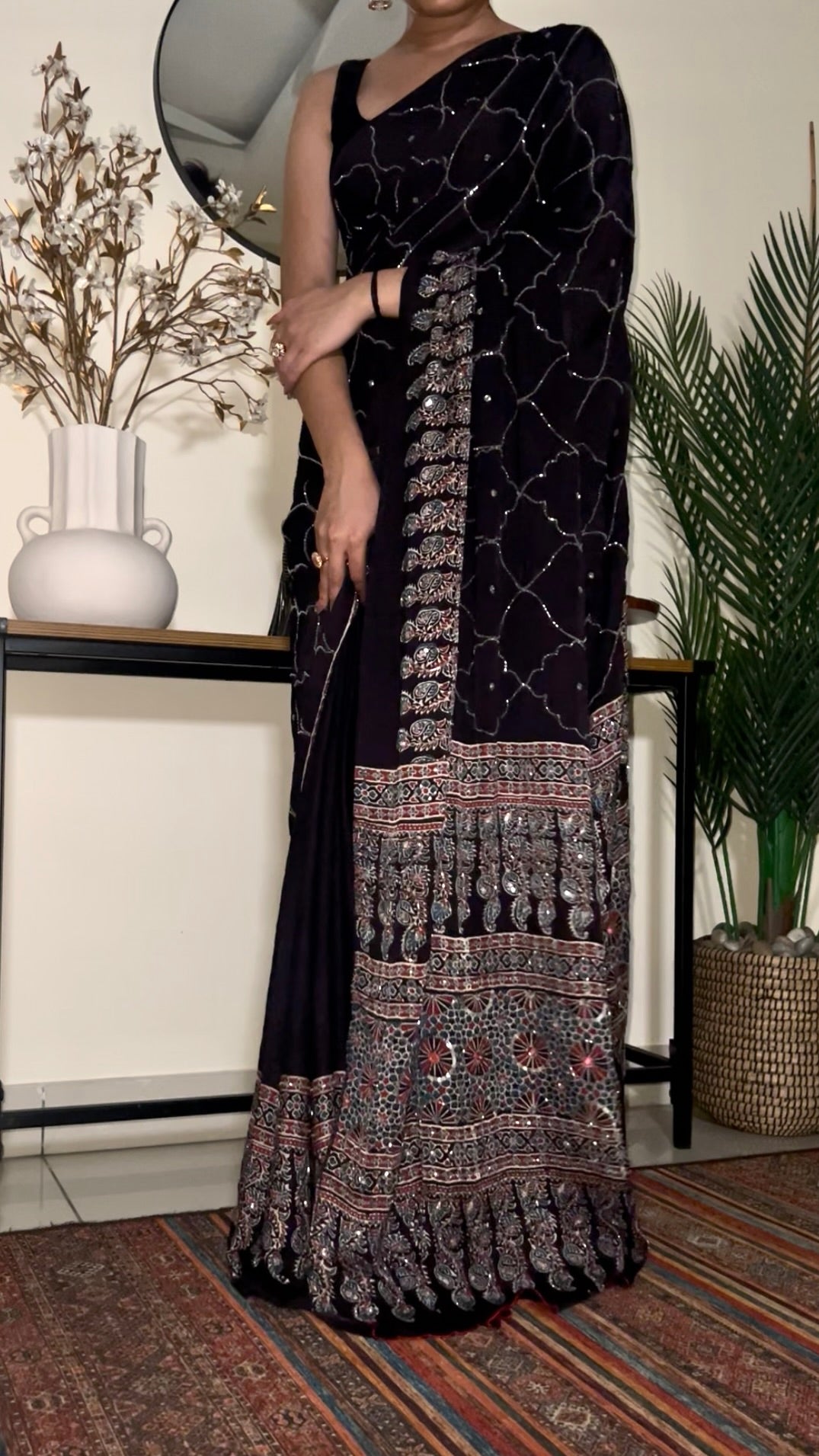 MIDNIGHT IVY - Pure Modal Ajrakh Hand Embroidered Saree