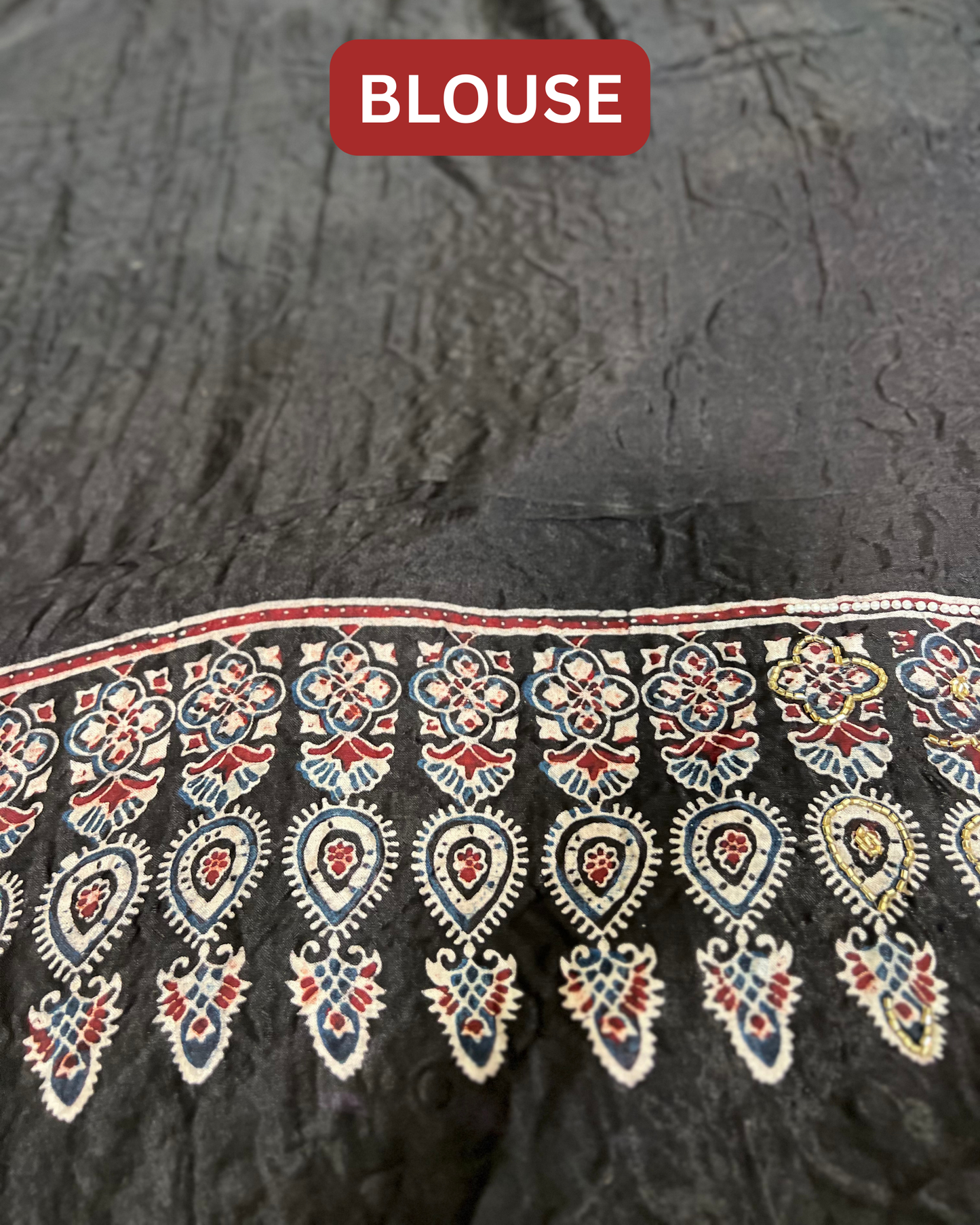 Black Pure Modal Silk Ajrakh Hand Embroidered Saree