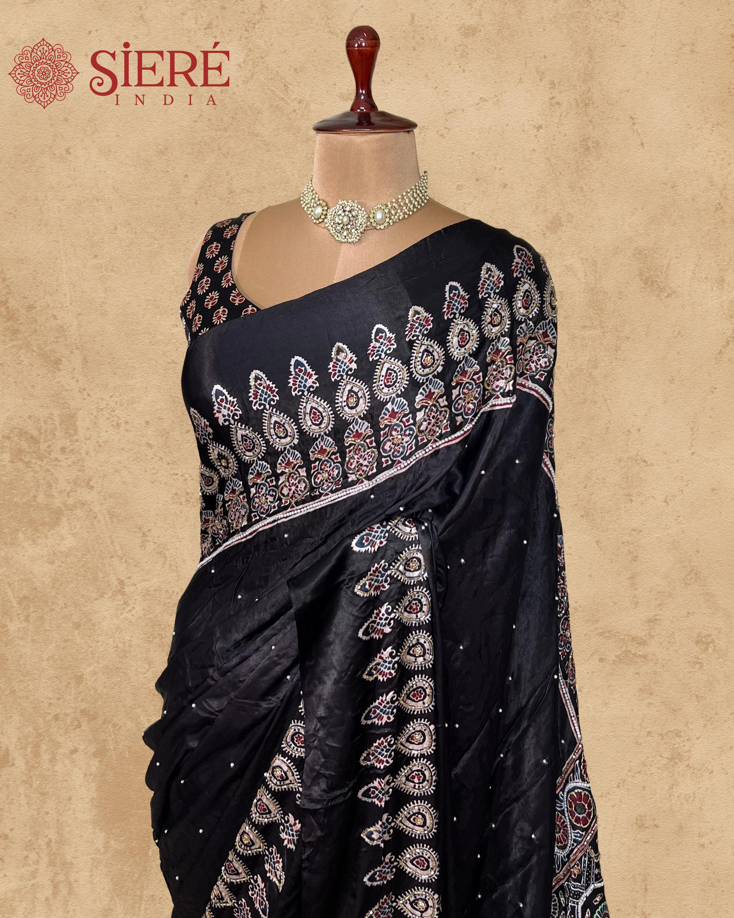 Black Pure Modal Silk Ajrakh Hand Embroidered Saree