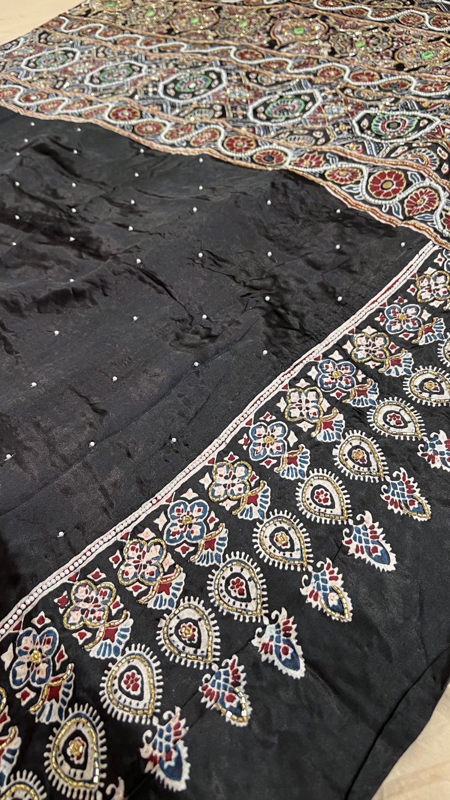 Black Pure Modal Silk Ajrakh Hand Embroidered Saree