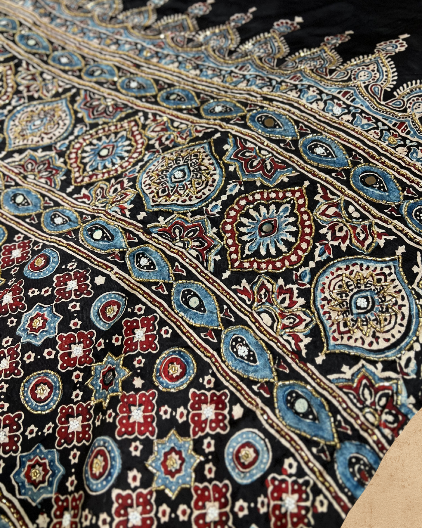 Black and Blue Pure Modal Ajrakh Hand Embroidered Saree