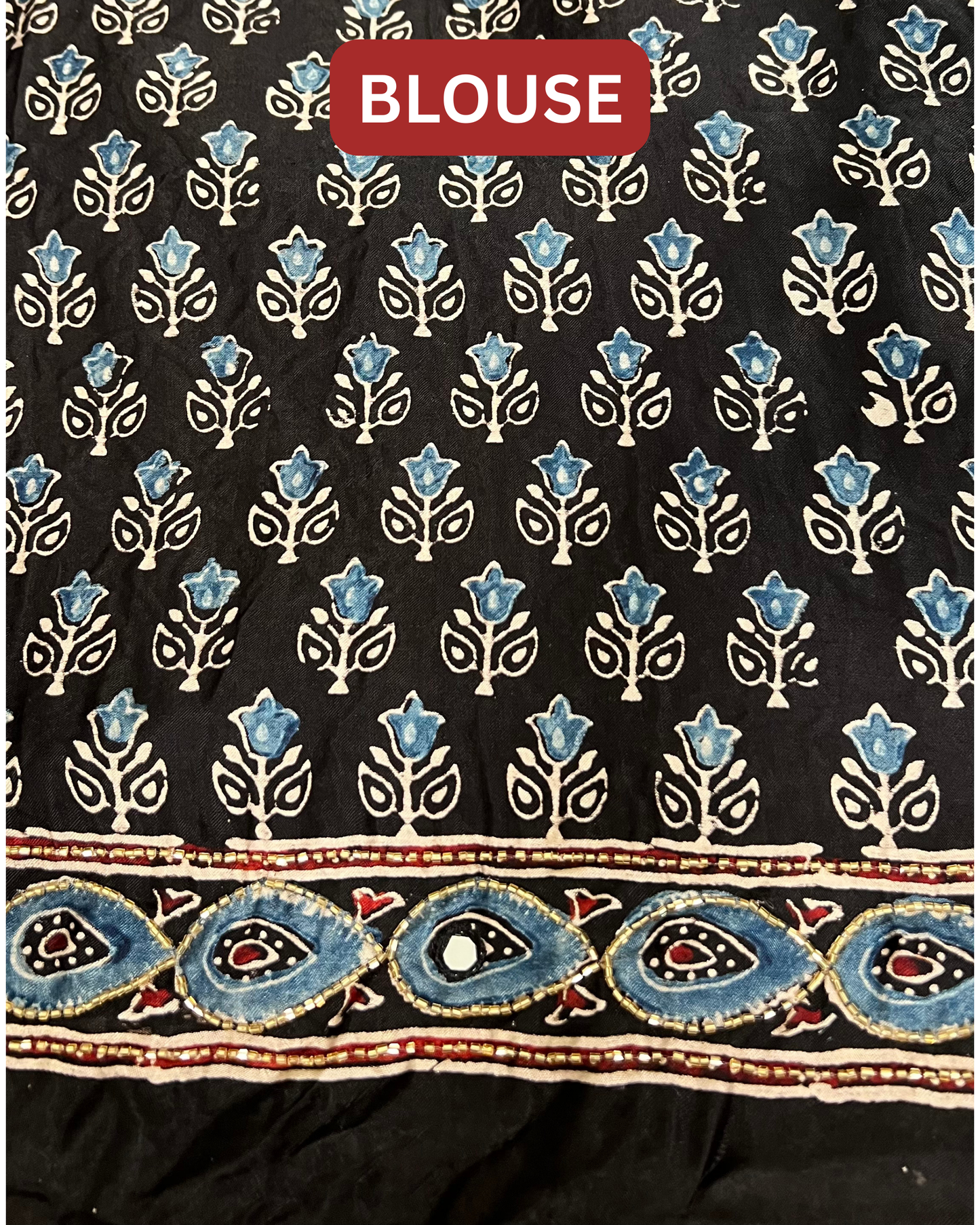 Black and Blue Pure Modal Ajrakh Hand Embroidered Saree