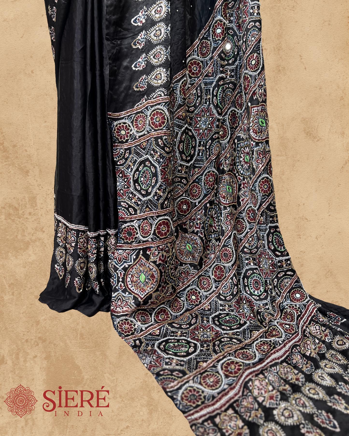 Black Pure Modal Silk Ajrakh Hand Embroidered Saree