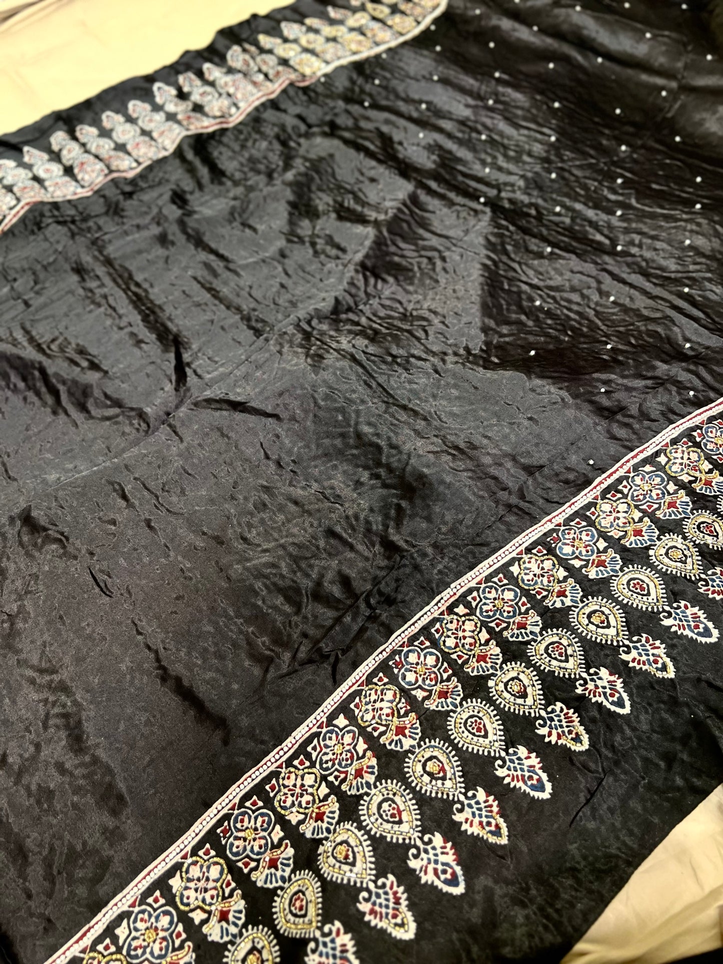 Black Pure Modal Silk Ajrakh Hand Embroidered Saree