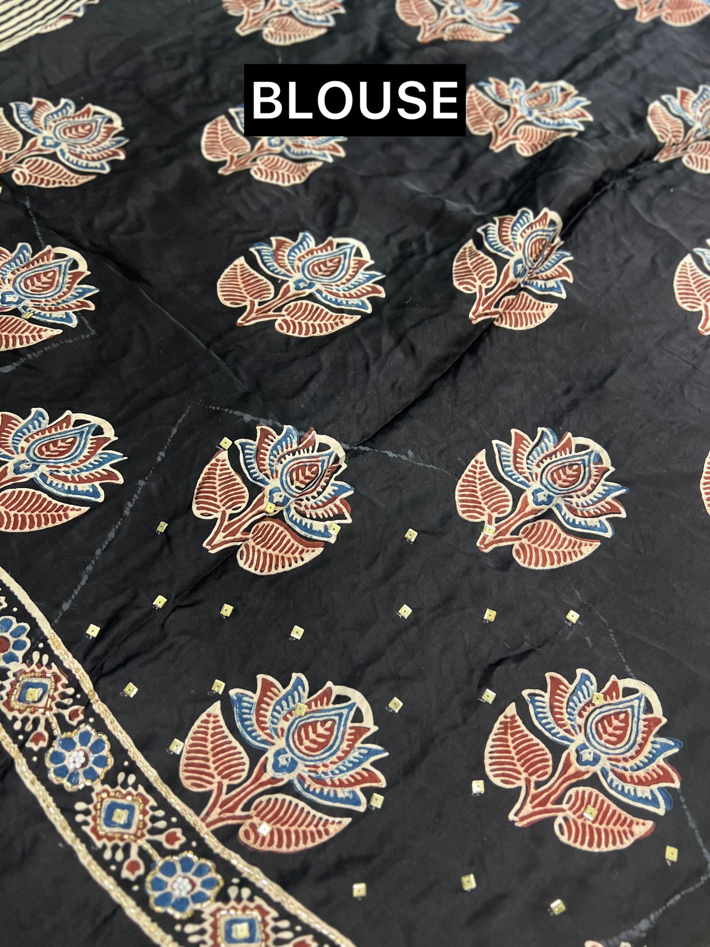 Striped Modal Ajrakh Hand Embroidered Saree With Large Border