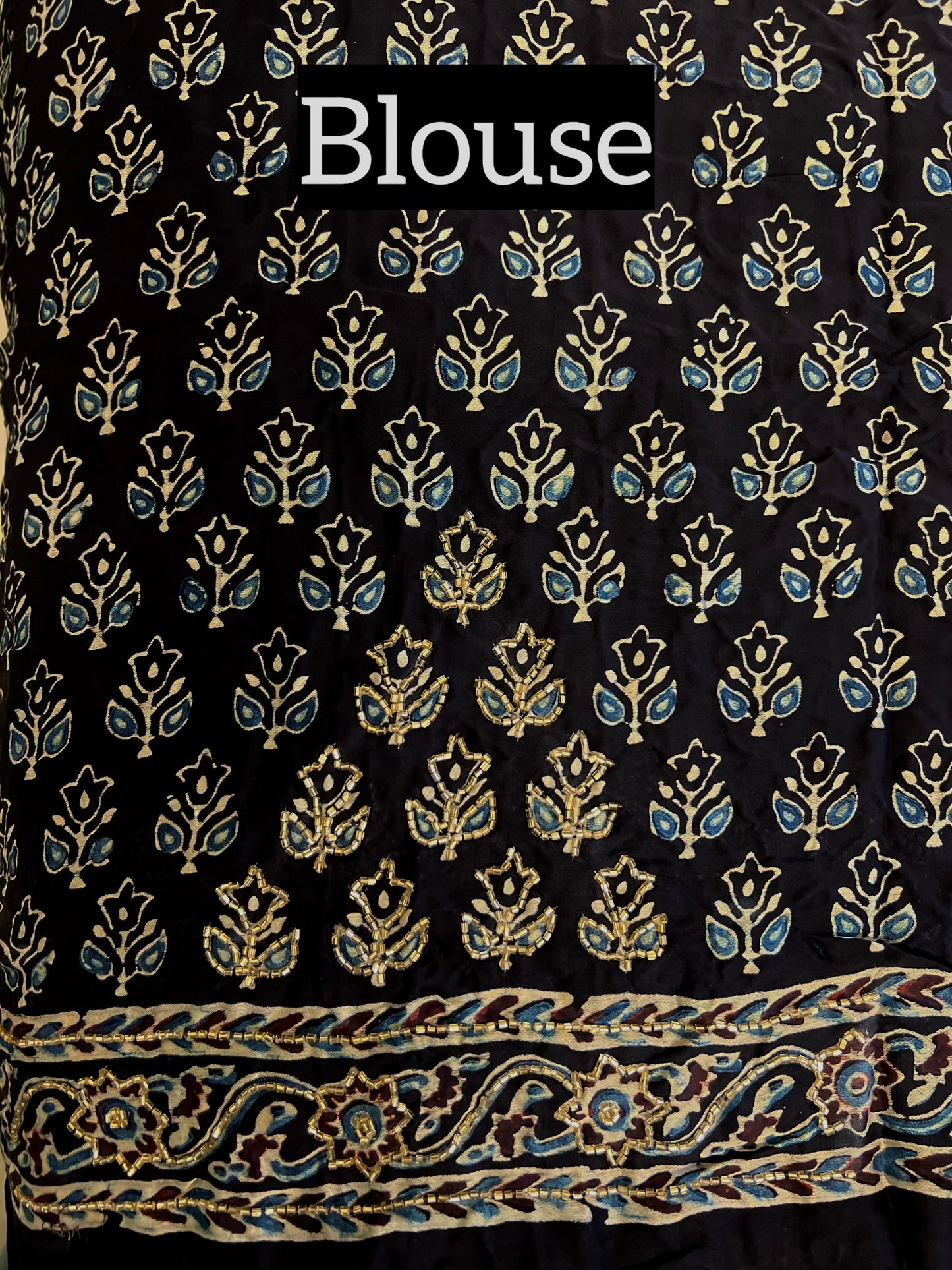 OCEAN MIST - Pure Modal Ajrakh Hand Embroidered Saree