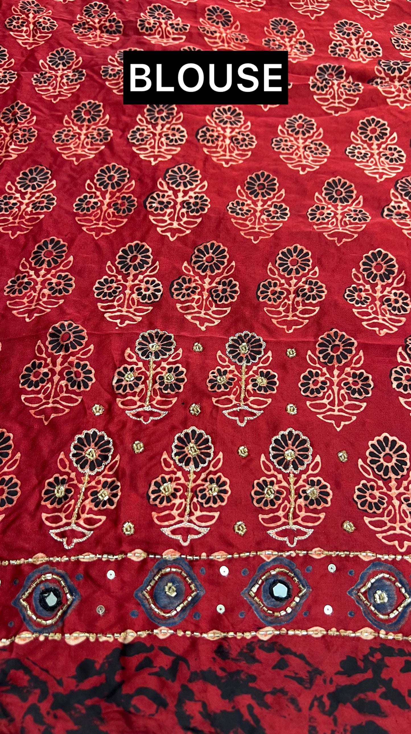 Red Pure Modal Ajrakh Hand Embroidered Saree