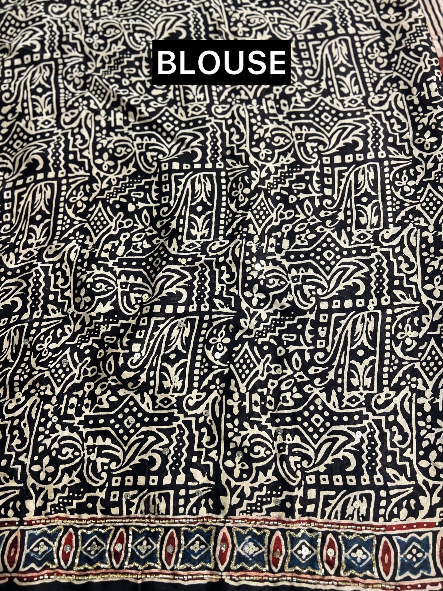 Red, Blue and White Large Checks Pure Modal Ajrakh Hand Embroidered Saree