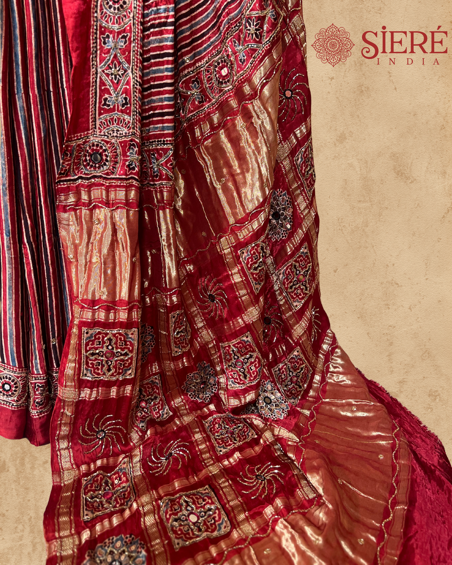 Red Stripes Pure Modal Ajrakh Hand Embroidered Saree