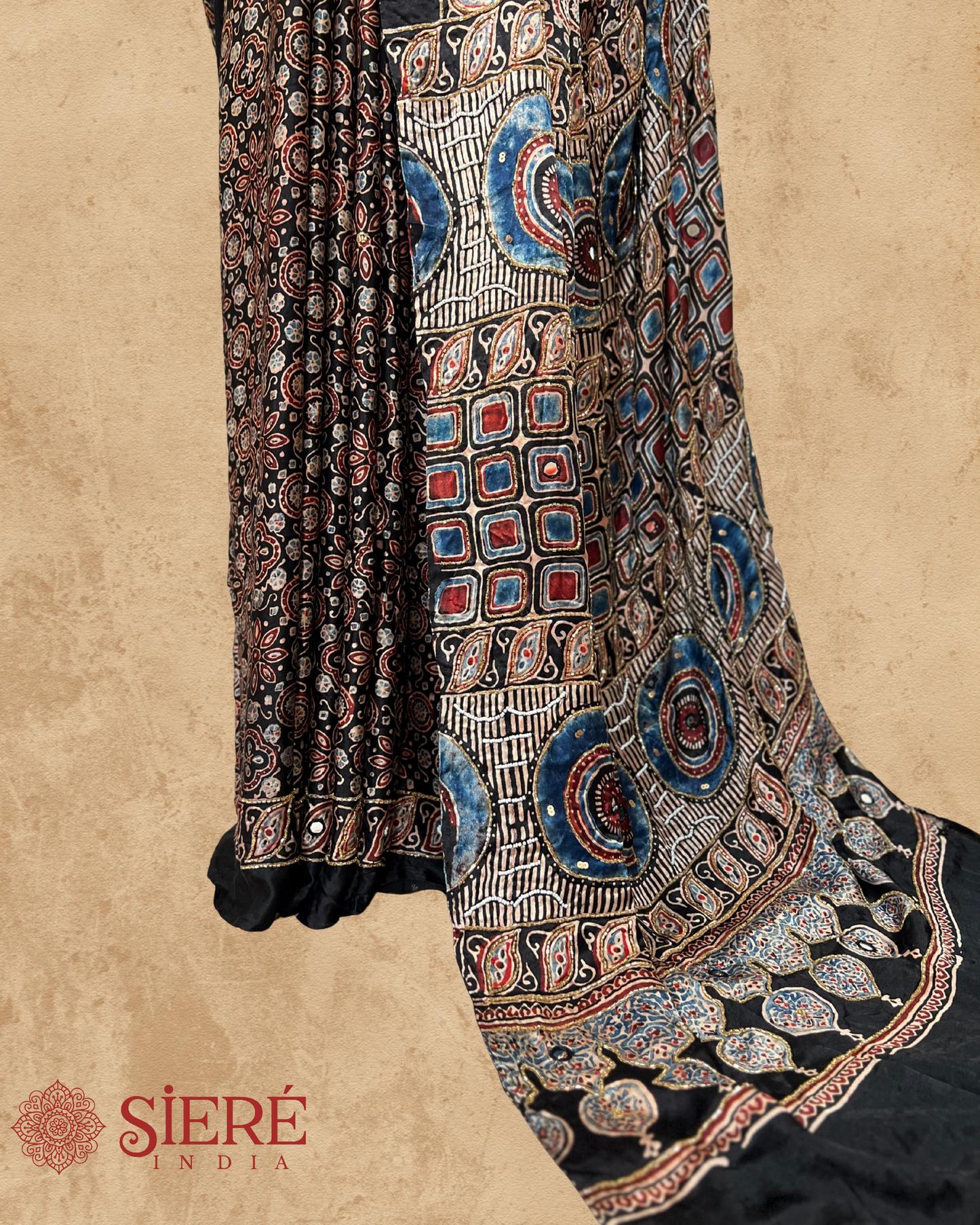Black and Beige Pure Modal Ajrakh Hand Embroidered Saree