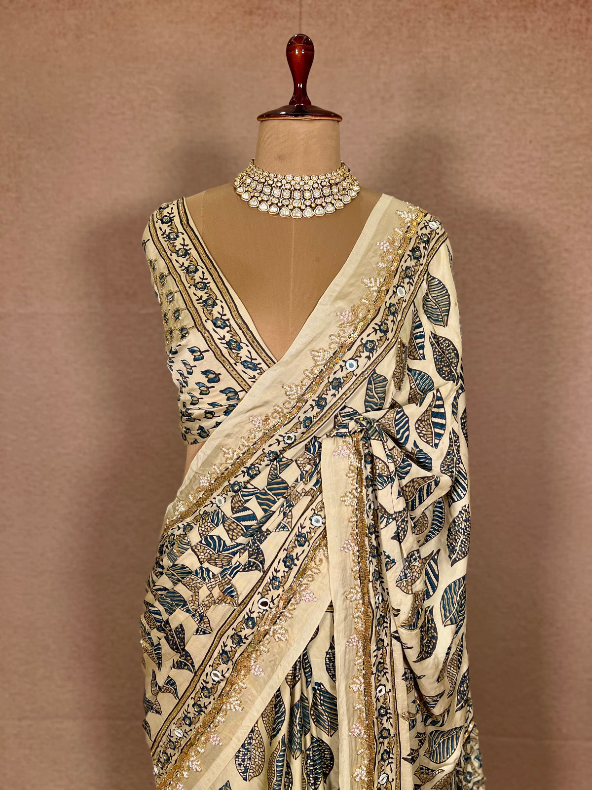 IVORY DREAMSCAPE - Pure Modal Ajrakh Hand Embroidered Saree