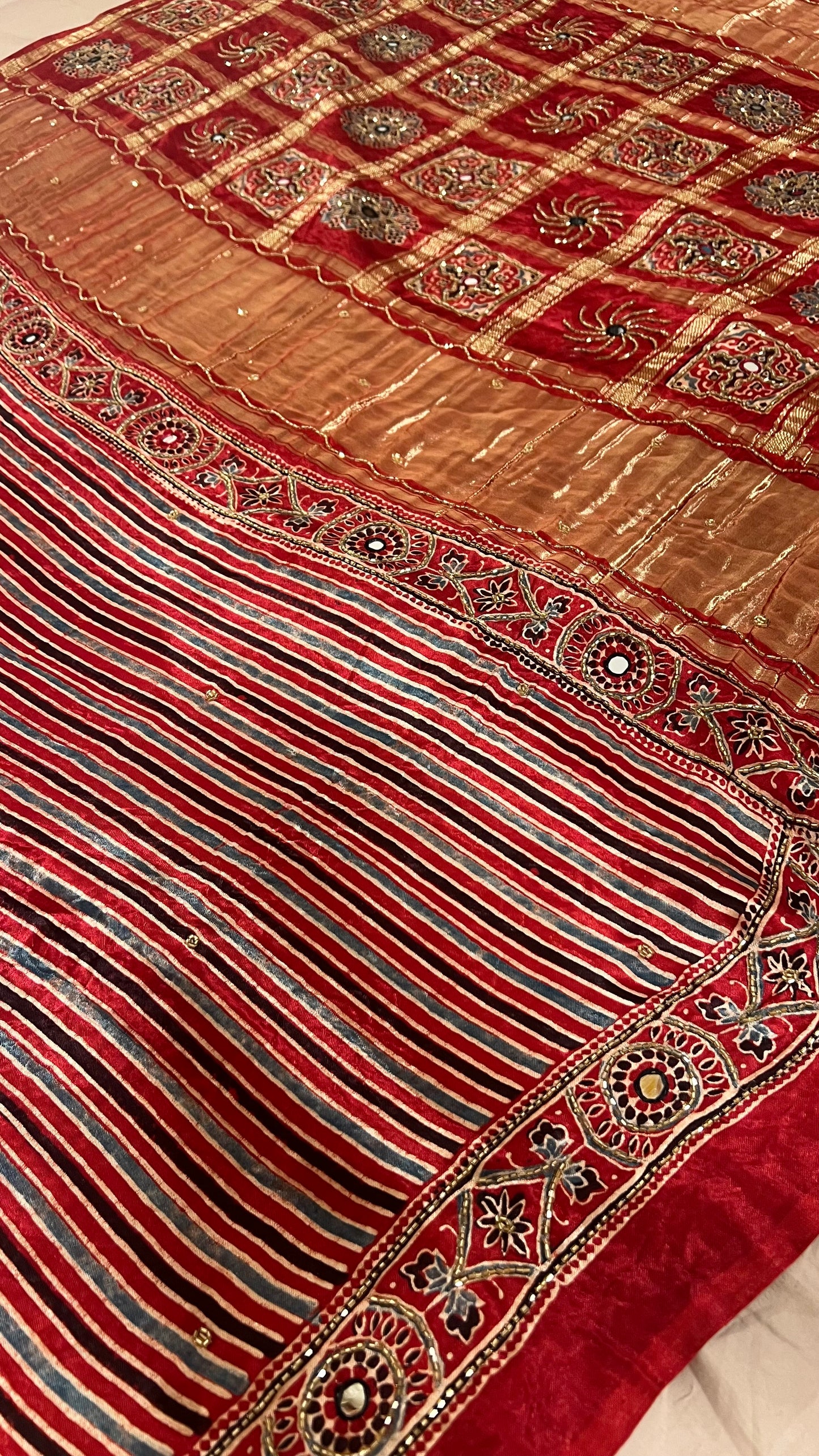 Red Stripes Pure Modal Ajrakh Hand Embroidered Saree