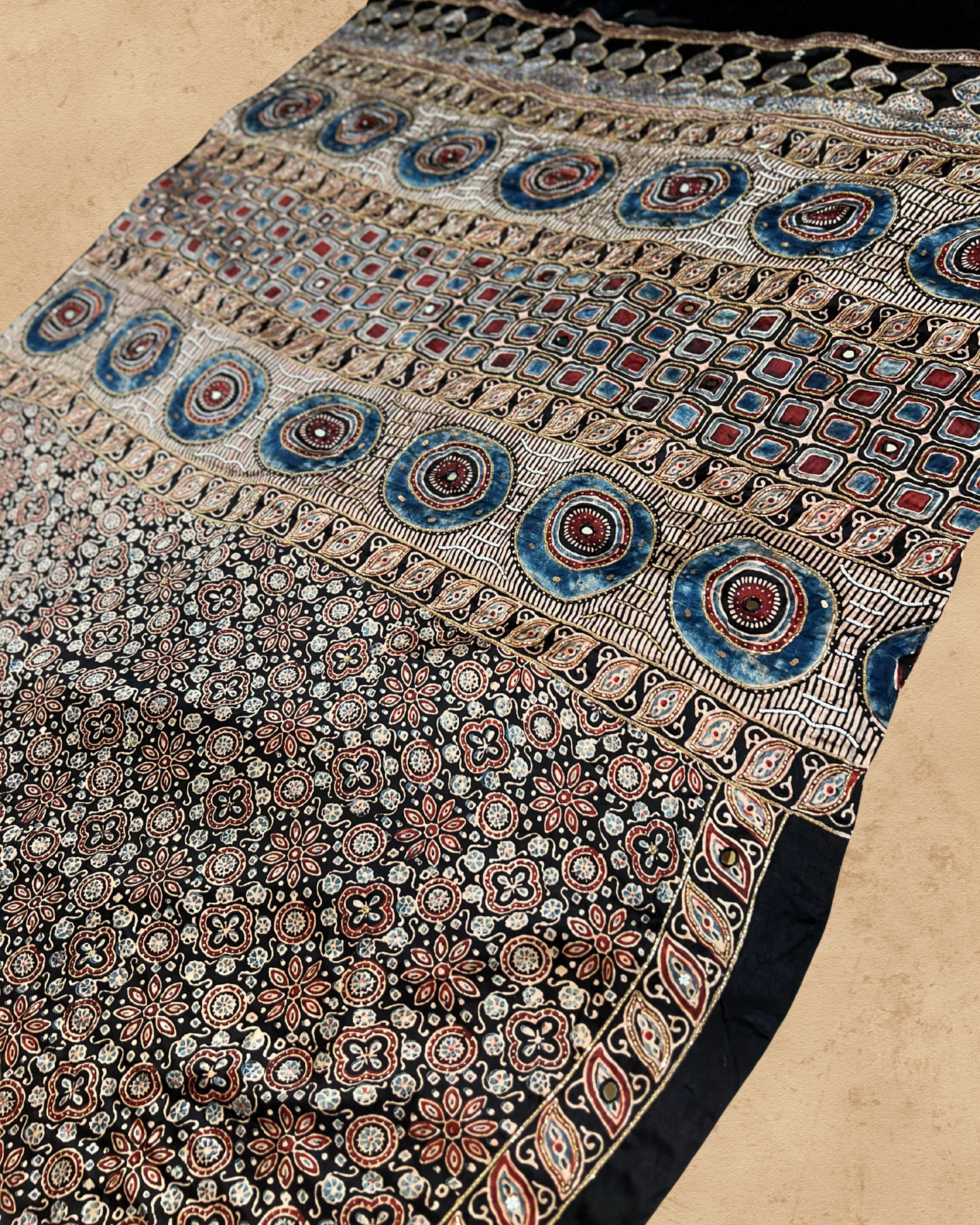 Black and Beige Pure Modal Ajrakh Hand Embroidered Saree