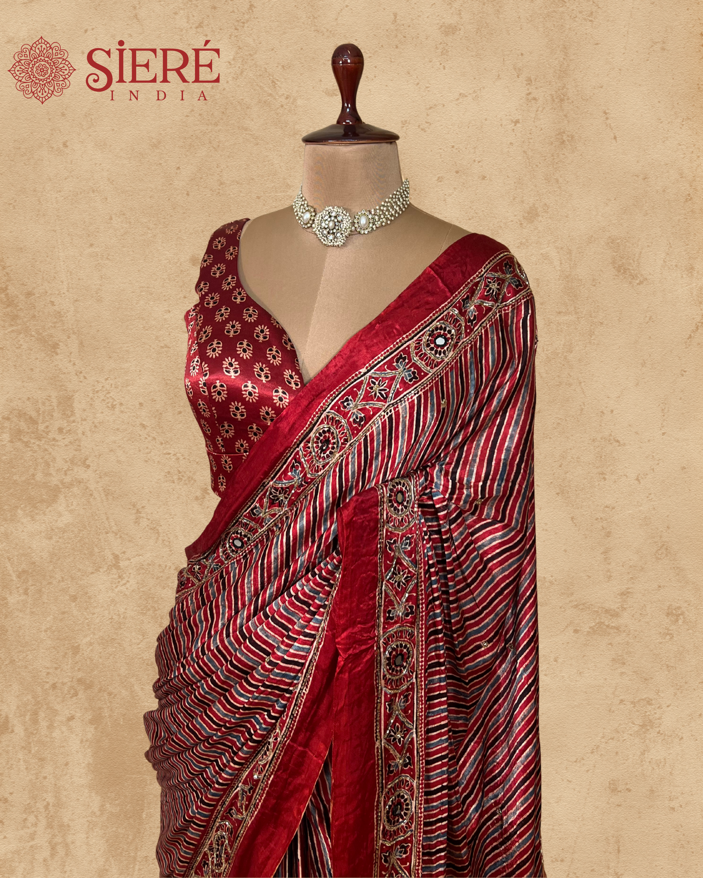 Red Stripes Pure Modal Ajrakh Hand Embroidered Saree