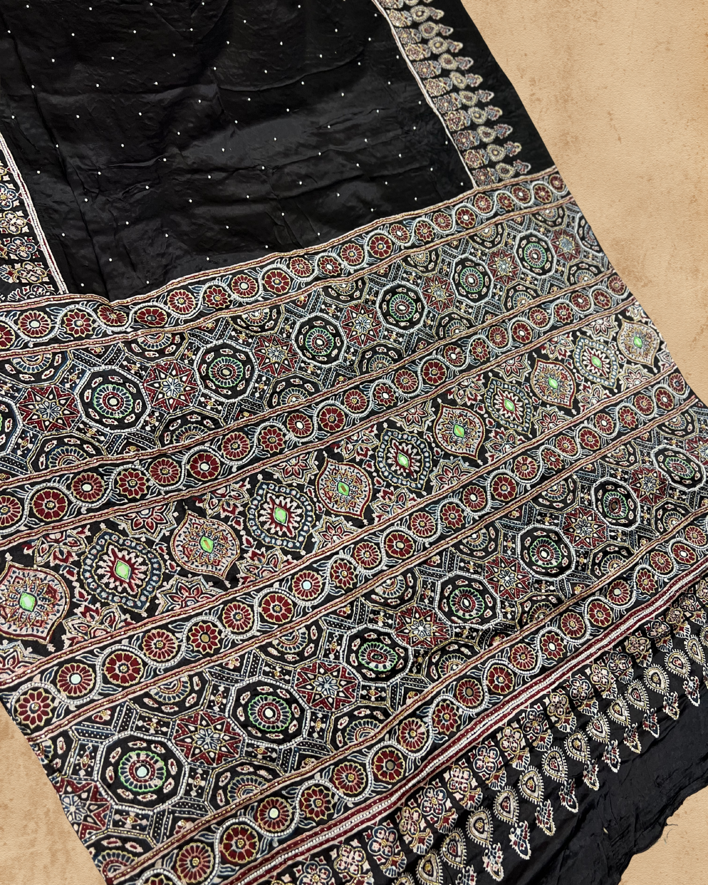 Black Pure Modal Silk Ajrakh Hand Embroidered Saree