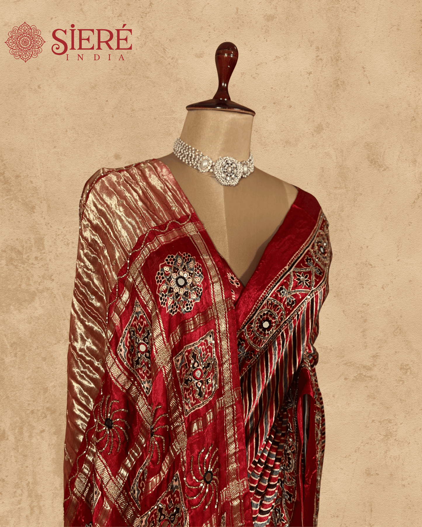 Red Stripes Pure Modal Ajrakh Hand Embroidered Saree
