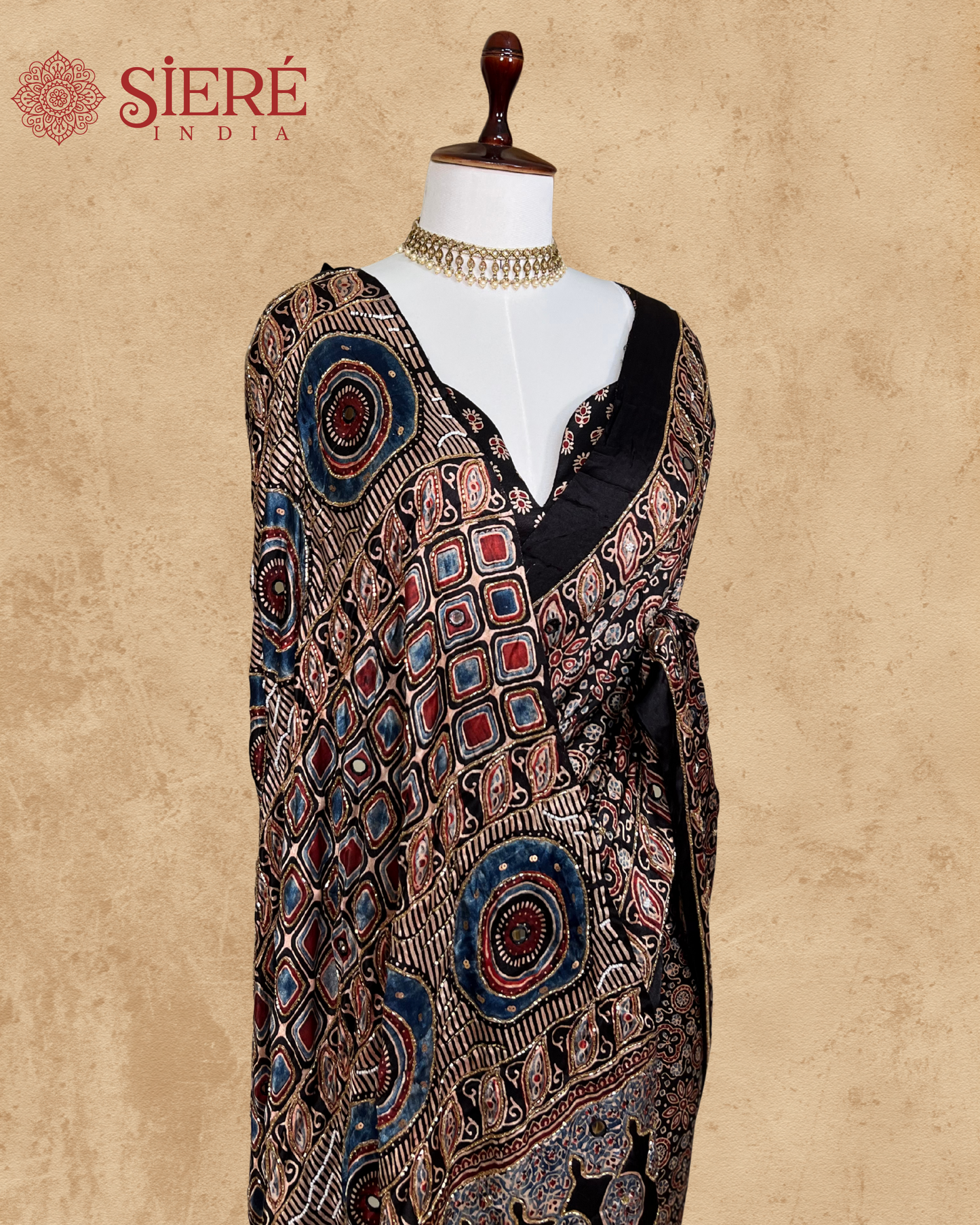 Black and Beige Pure Modal Ajrakh Hand Embroidered Saree