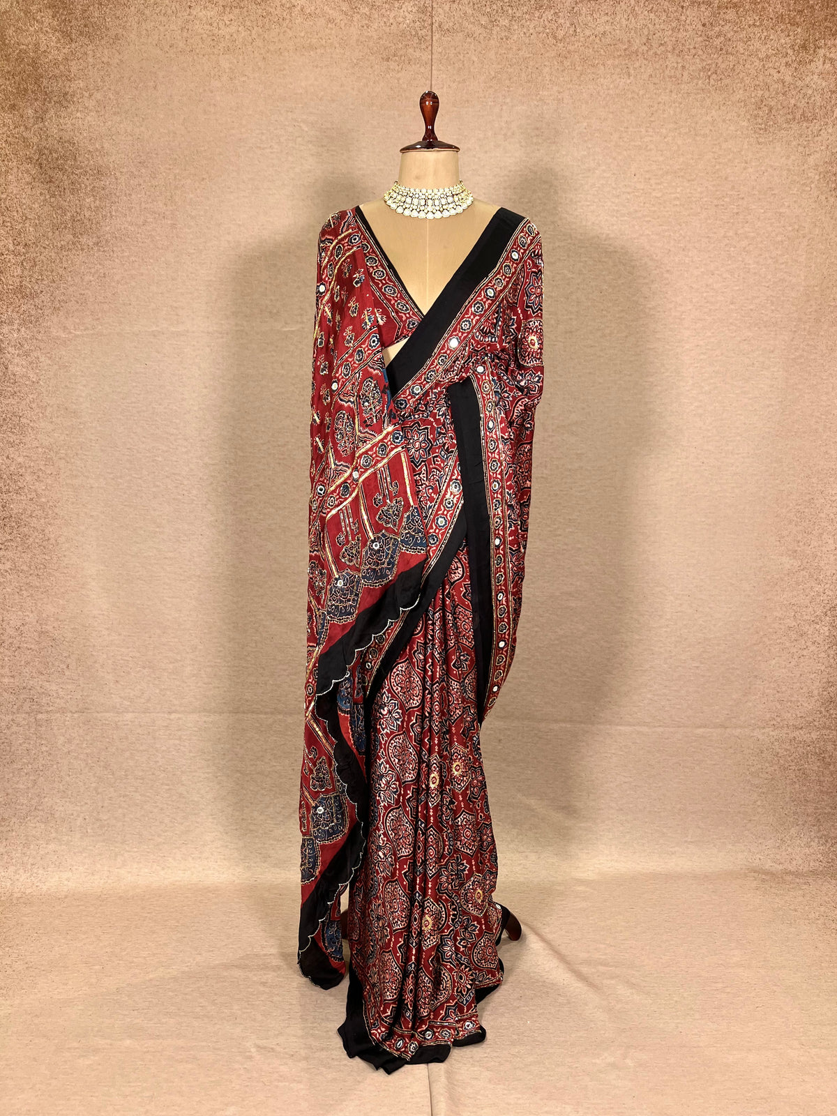 CARMINE MUSE - Pure Modal Ajrakh Hand Embroidered Saree