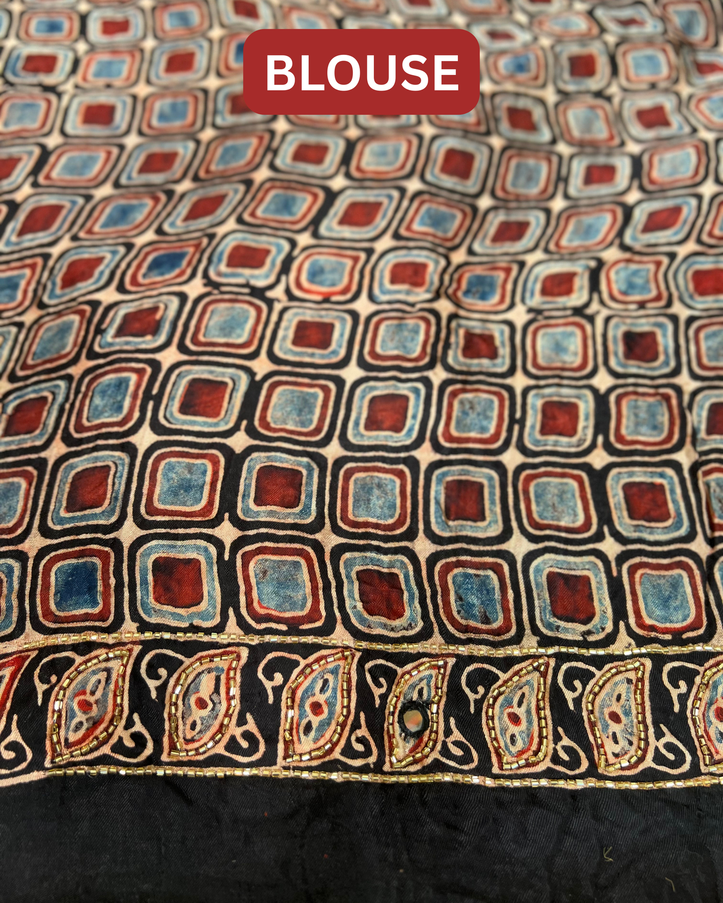 Black and Beige Pure Modal Ajrakh Hand Embroidered Saree
