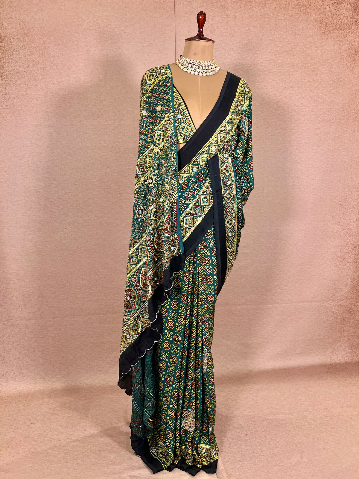 GLITTER ALLURE - Pure Modal Ajrakh Hand Embroidered Saree
