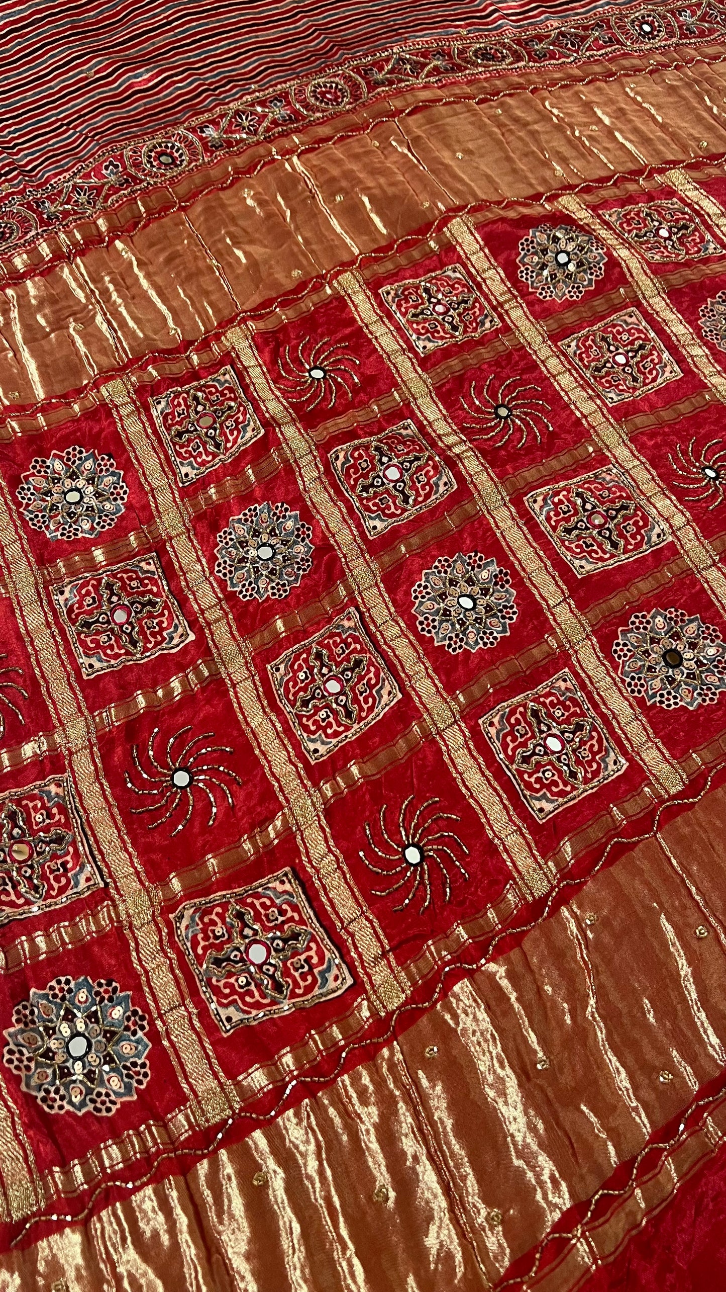 Red Stripes Pure Modal Ajrakh Hand Embroidered Saree