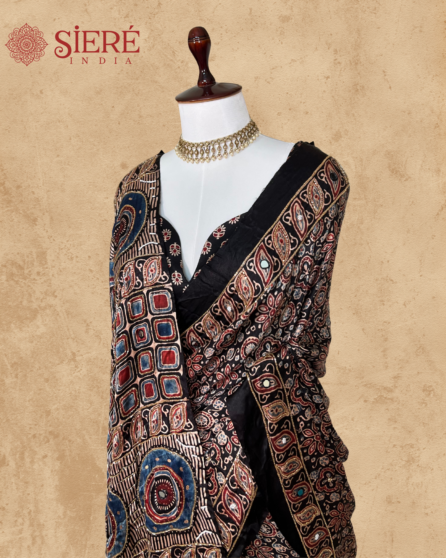 Black and Beige Pure Modal Ajrakh Hand Embroidered Saree