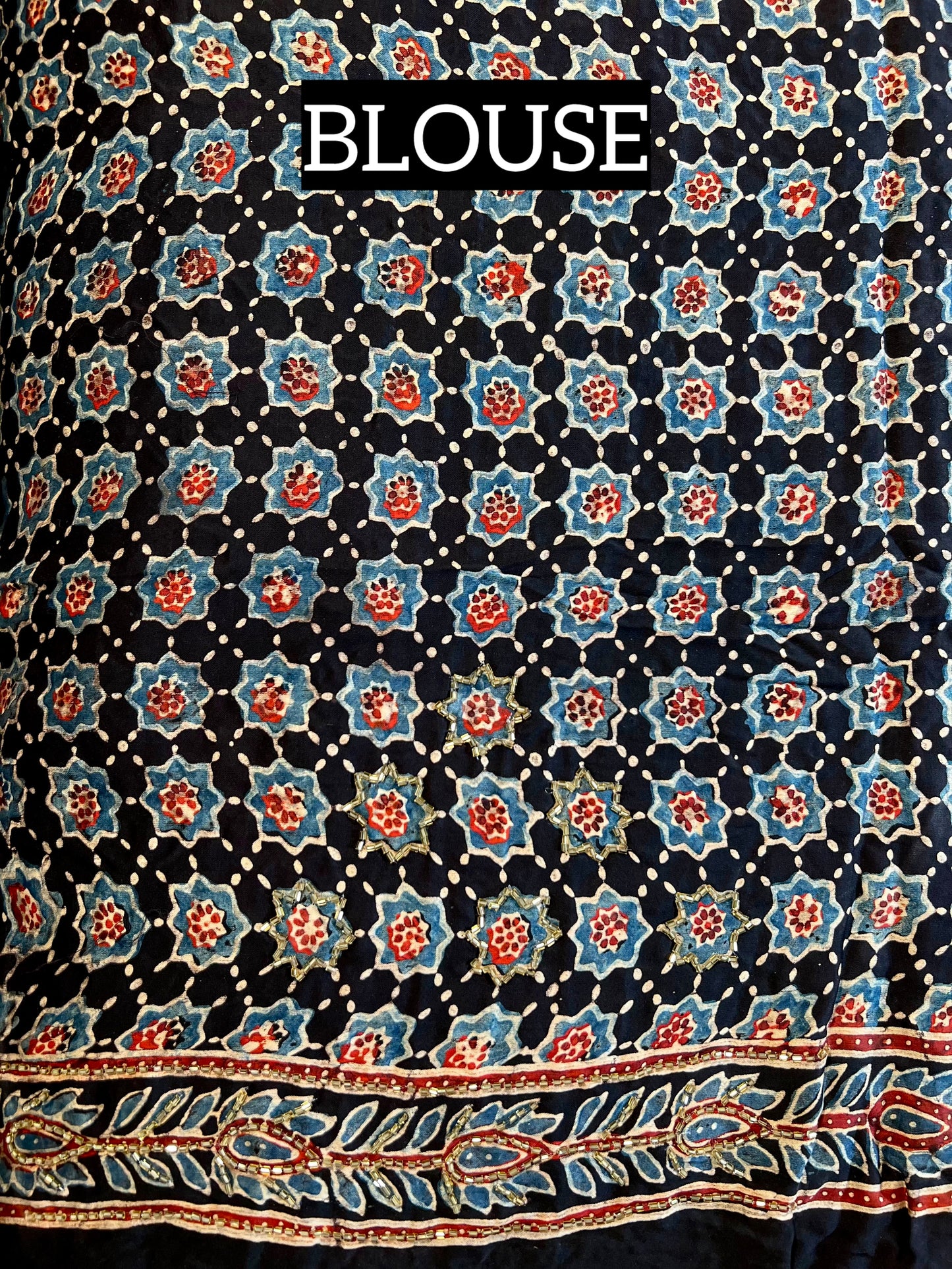 BLACK CAMELIA - Pure Modal Ajrakh Hand Embroidered Saree