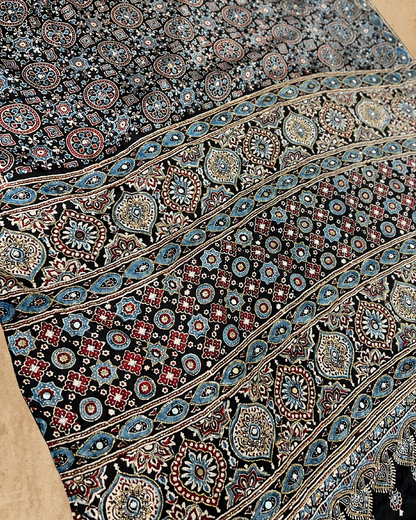 Black and Blue Pure Modal Ajrakh Hand Embroidered Saree