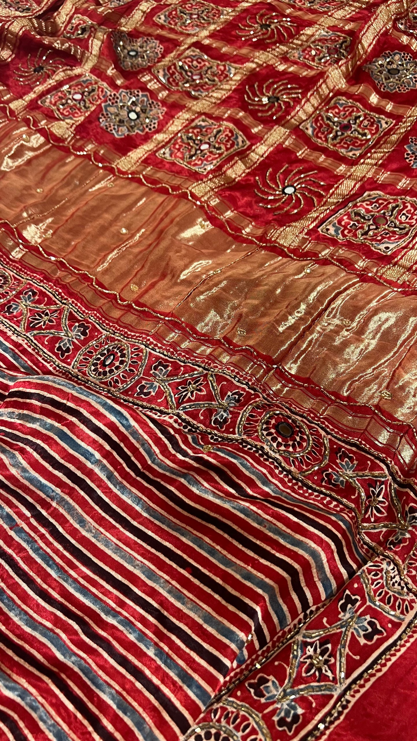 Red Stripes Pure Modal Ajrakh Hand Embroidered Saree