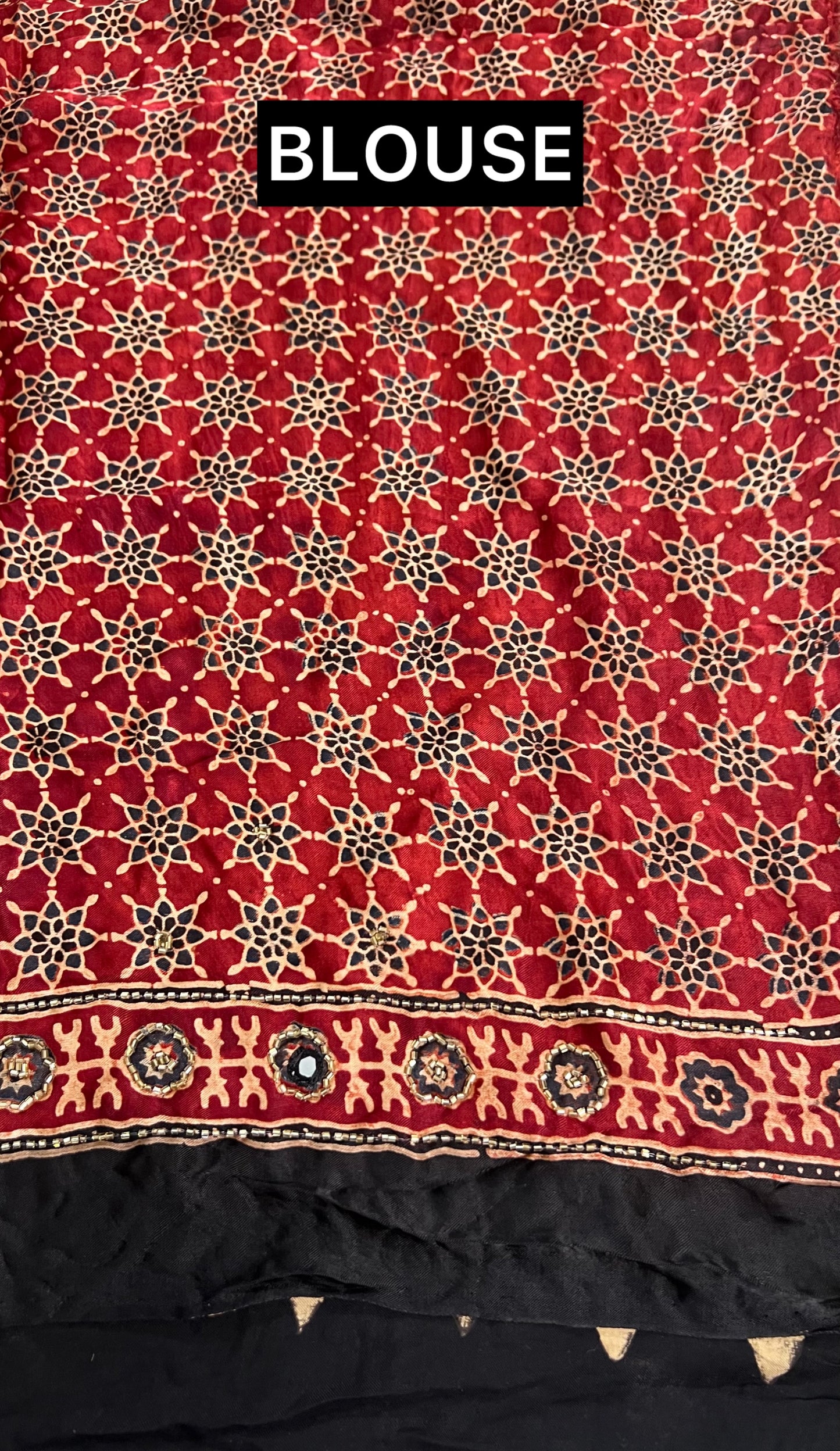 Cream and Black Striped Modal Ajrakh Hand Embroidered Saree with Red and Black Motifs