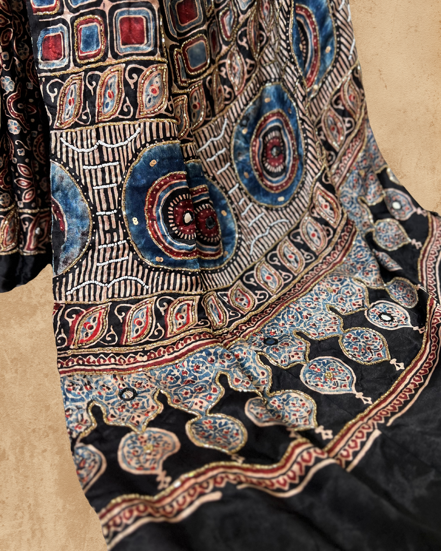 Black and Beige Pure Modal Ajrakh Hand Embroidered Saree