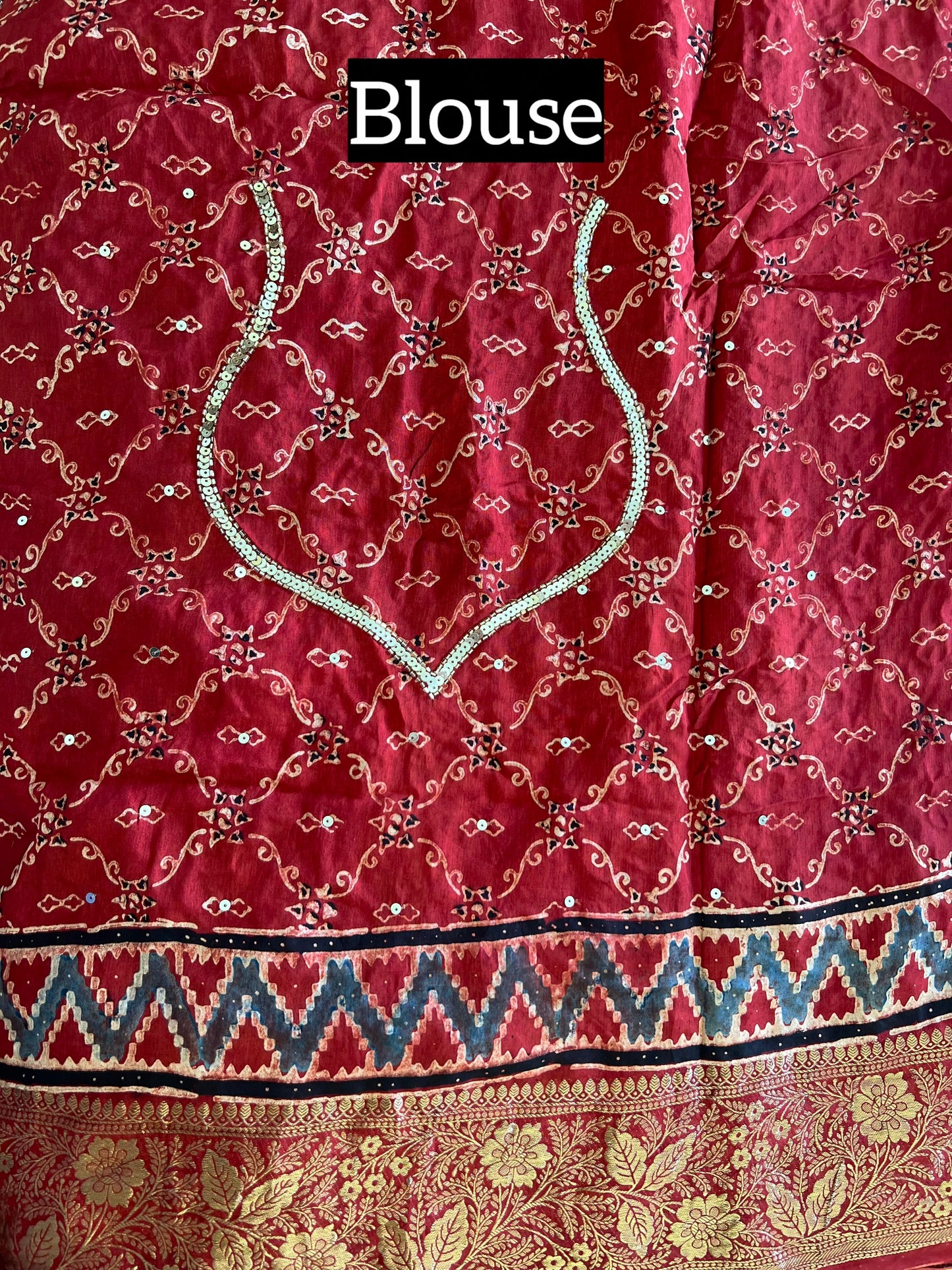 VERMILLION WHISPER - Pure Dola Ajrakh Hand Embroidered Saree