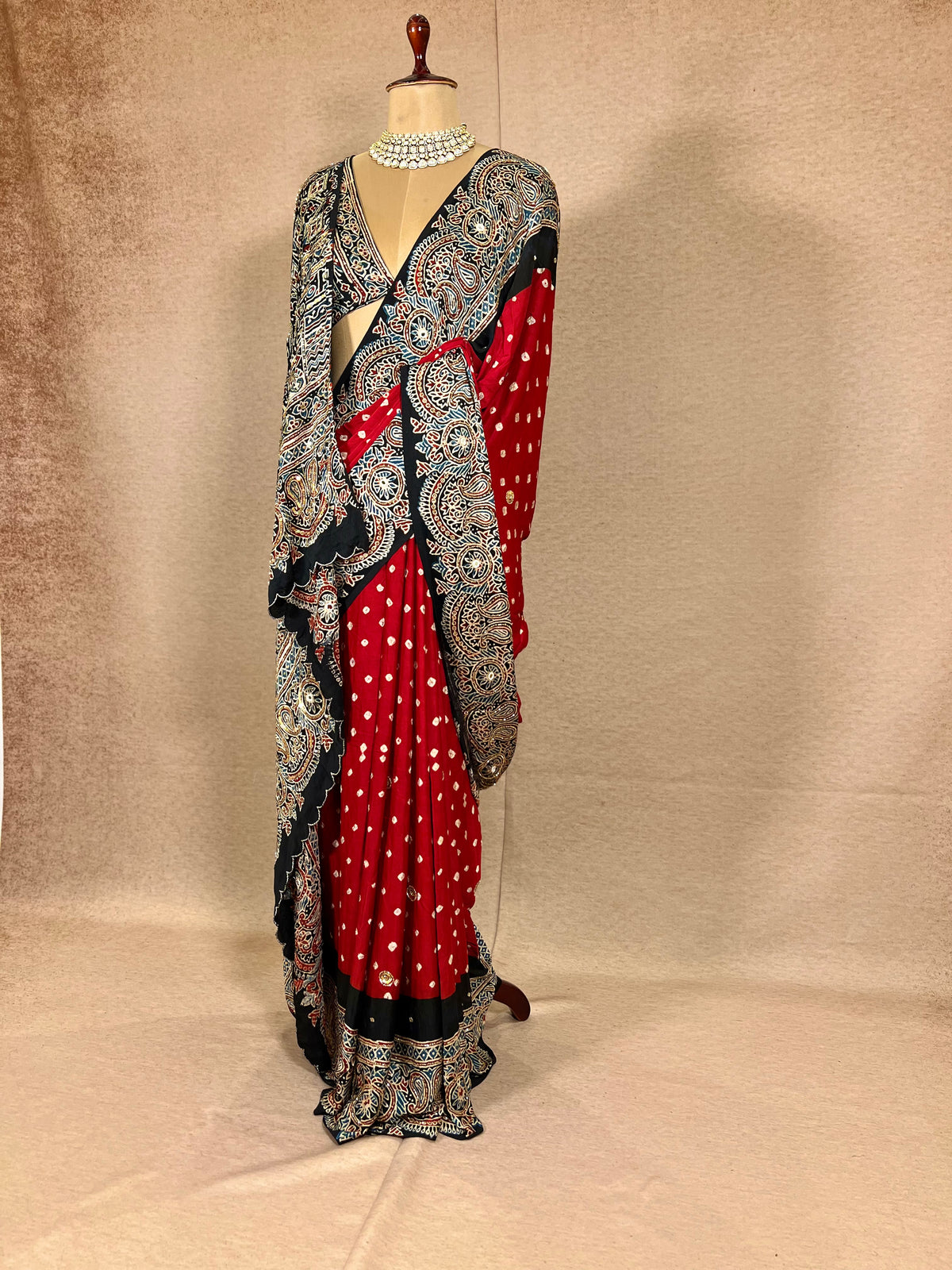 RED SPLENDOUR - Pure Modal Bandhani Ajrakh Hand Embroidered Saree