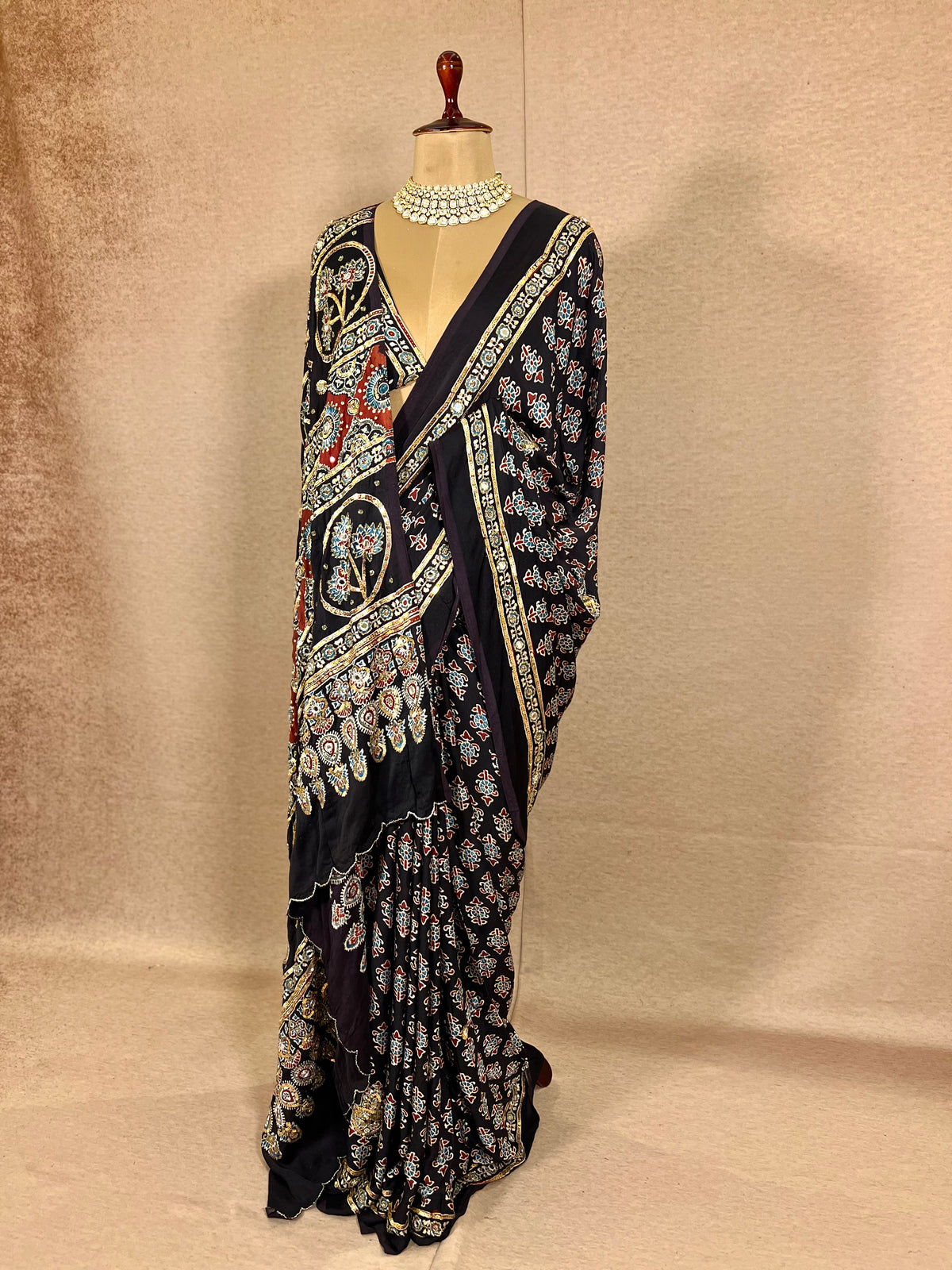 SPARKLE BLOOM - Pure Modal Ajrakh Hand Embroidered Saree