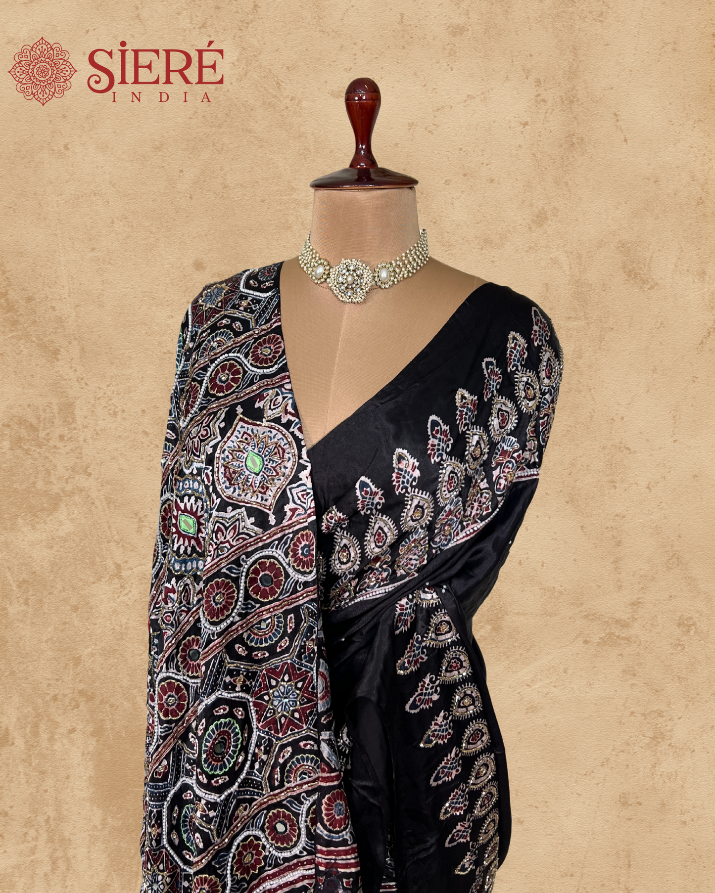 Black Pure Modal Silk Ajrakh Hand Embroidered Saree