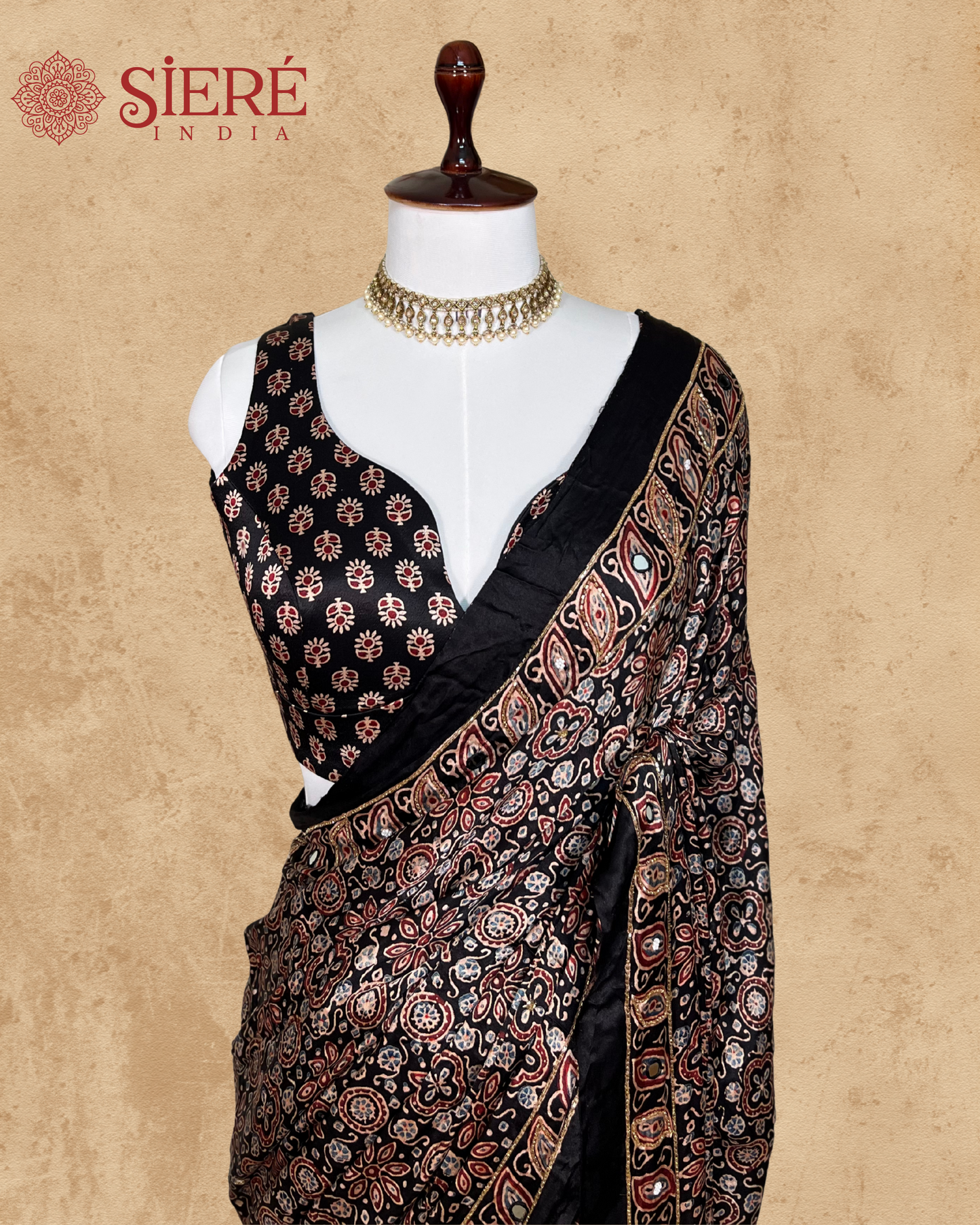 Black and Beige Pure Modal Ajrakh Hand Embroidered Saree