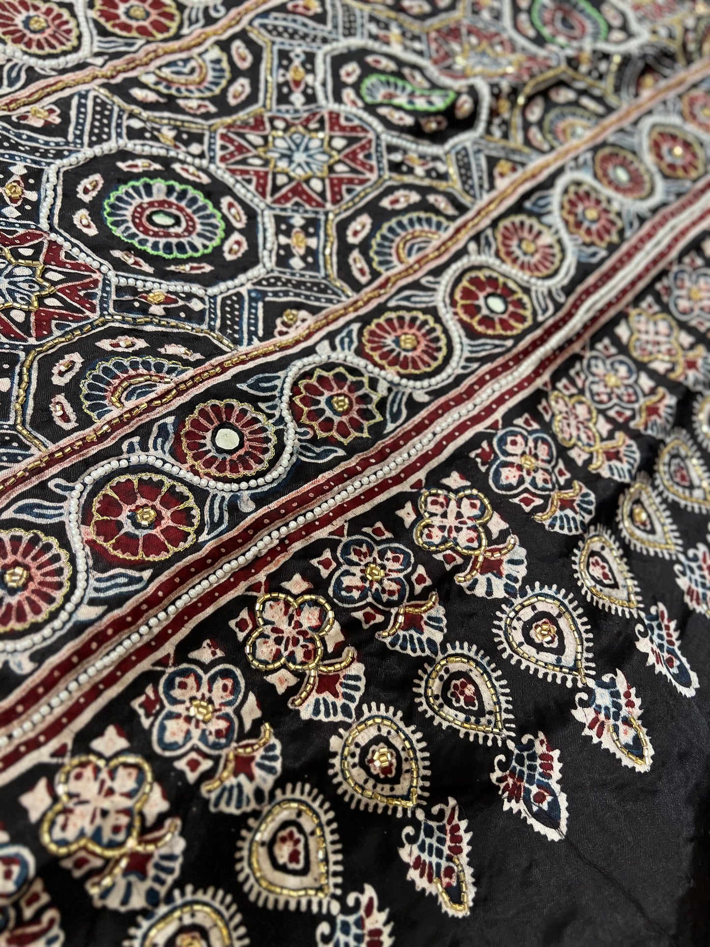 Black Pure Modal Silk Ajrakh Hand Embroidered Saree