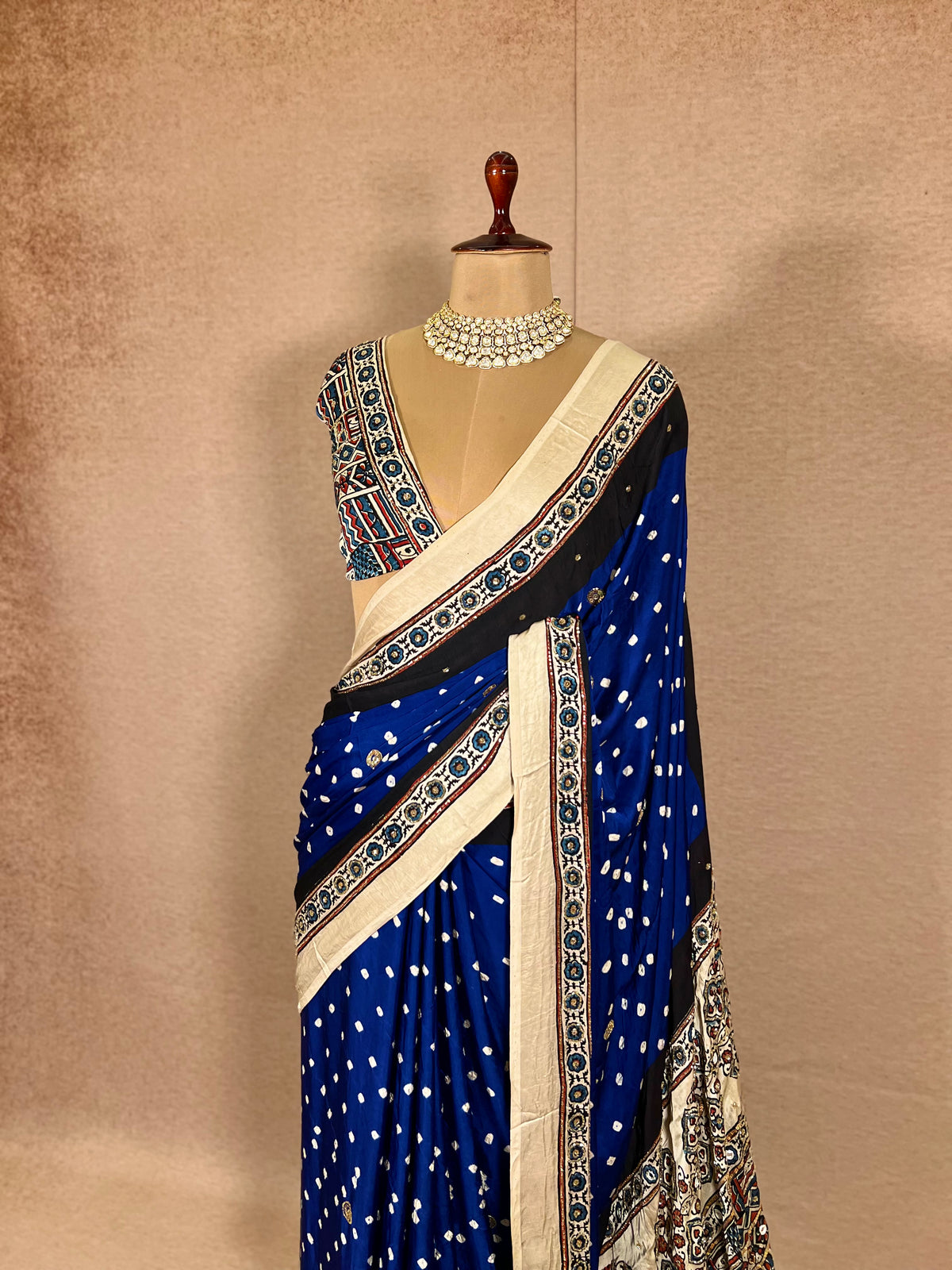 BLUE GRANDUER - Pure Modal Bandhani Ajrakh Hand Embroidered Saree