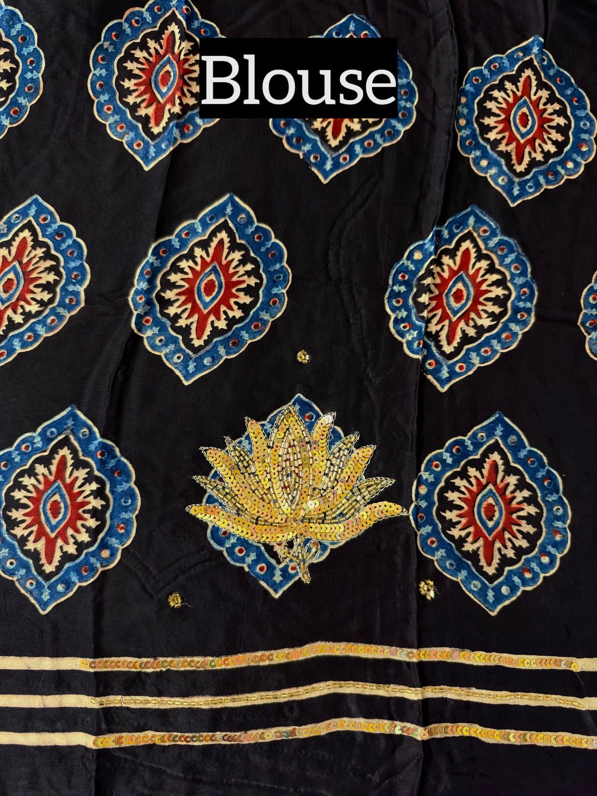 COBALT LOTUS - Pure Modal Ajrakh Hand Embroidered Saree