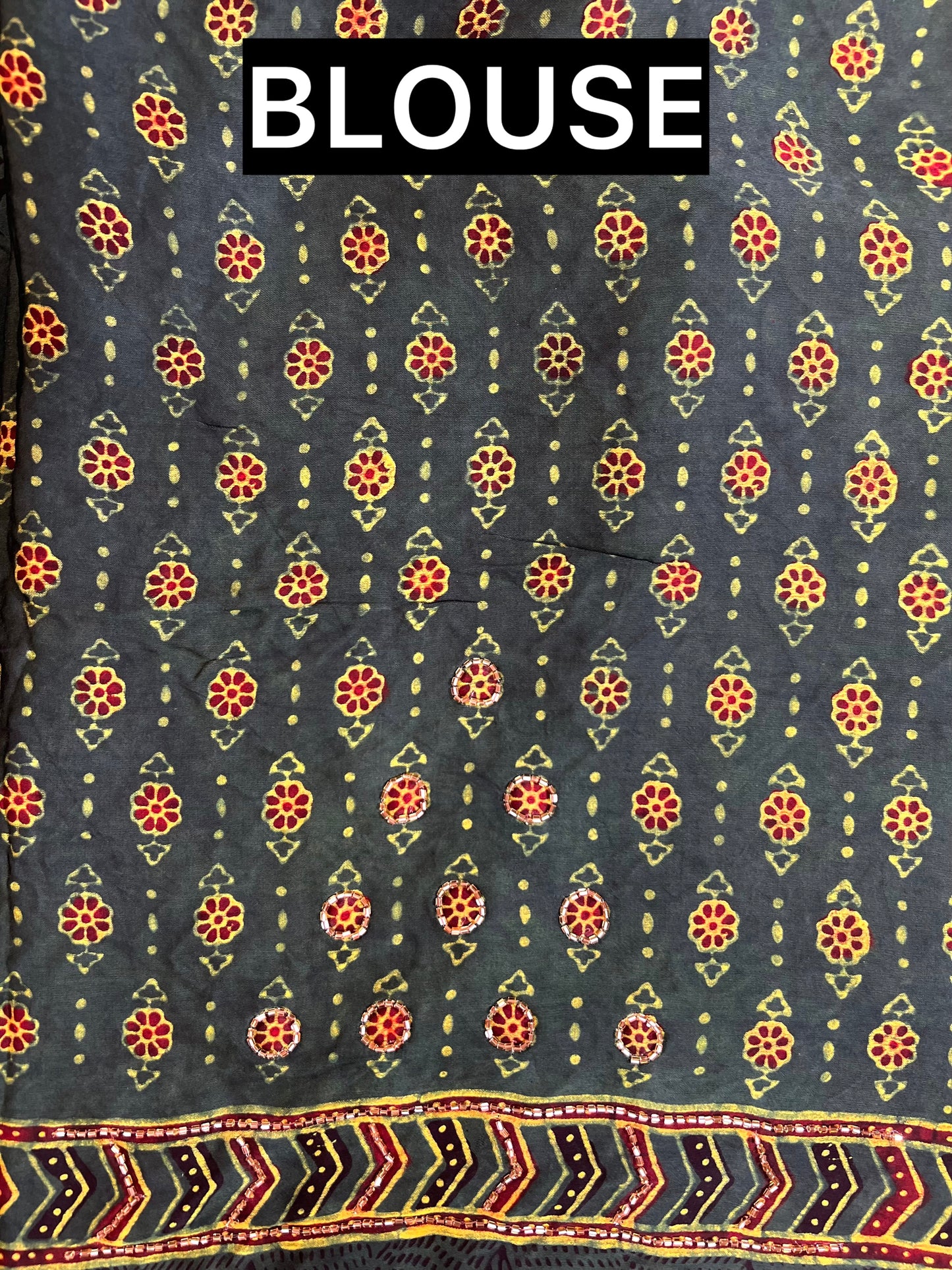 FOREST MIST - Pure Modal Ajrakh Hand Embroidered Saree