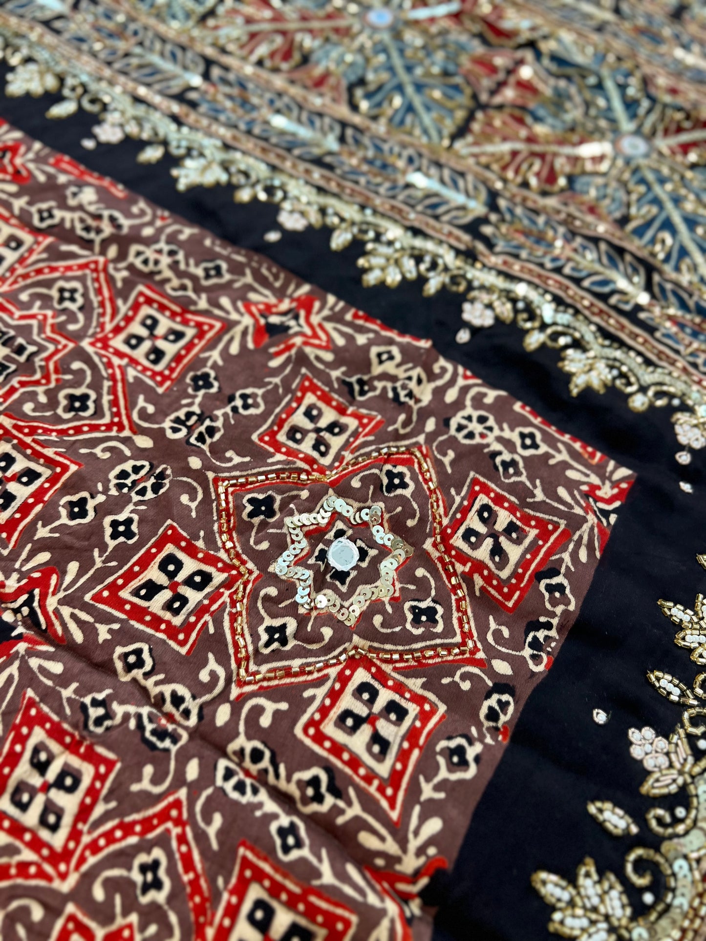 RUSTIC VELVET - Pure Modal Ajrakh Hand Embroidered Saree