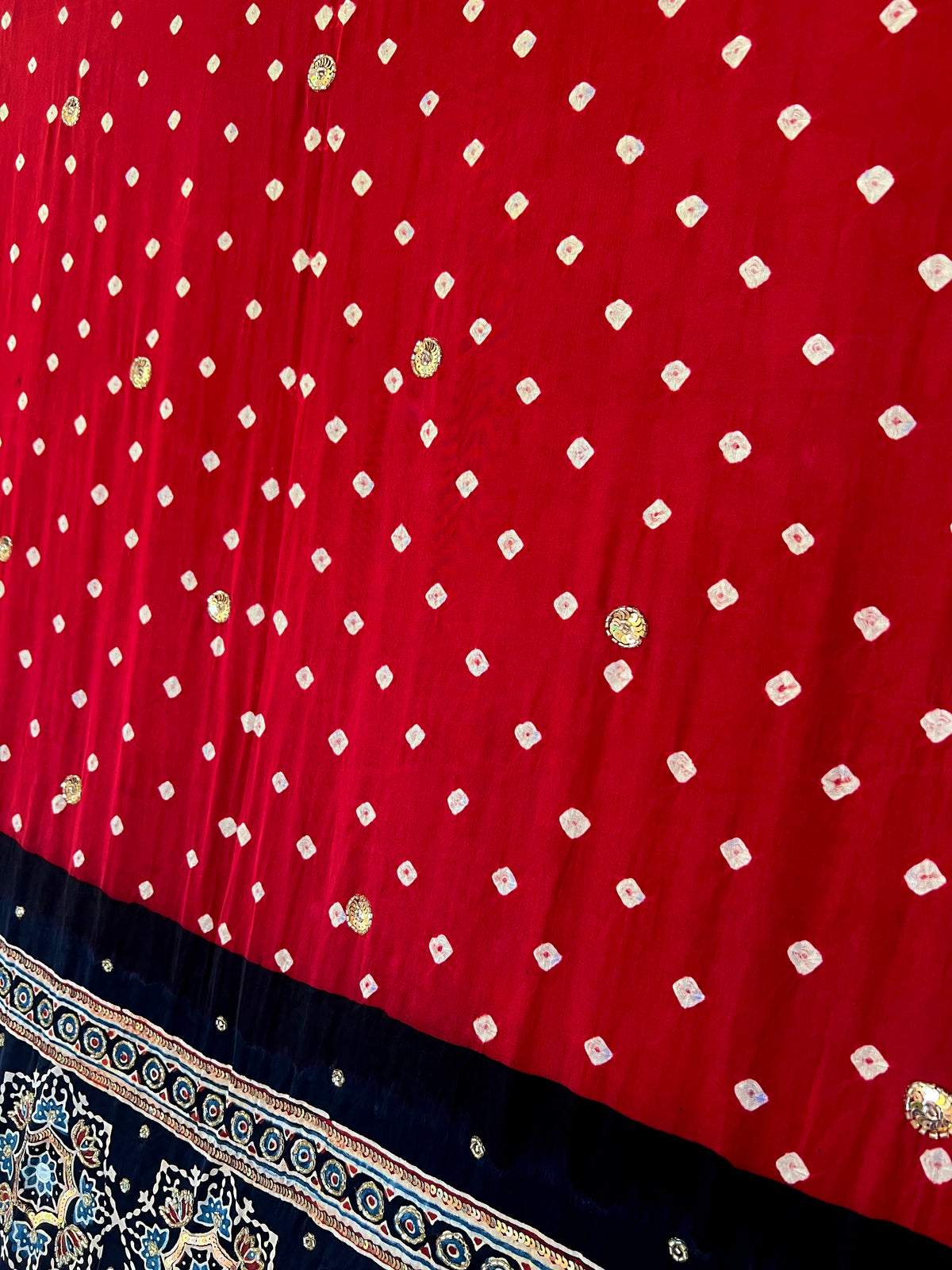 RED DECADENCE - Pure Modal Bandhani Ajrakh Hand Embroidered Saree