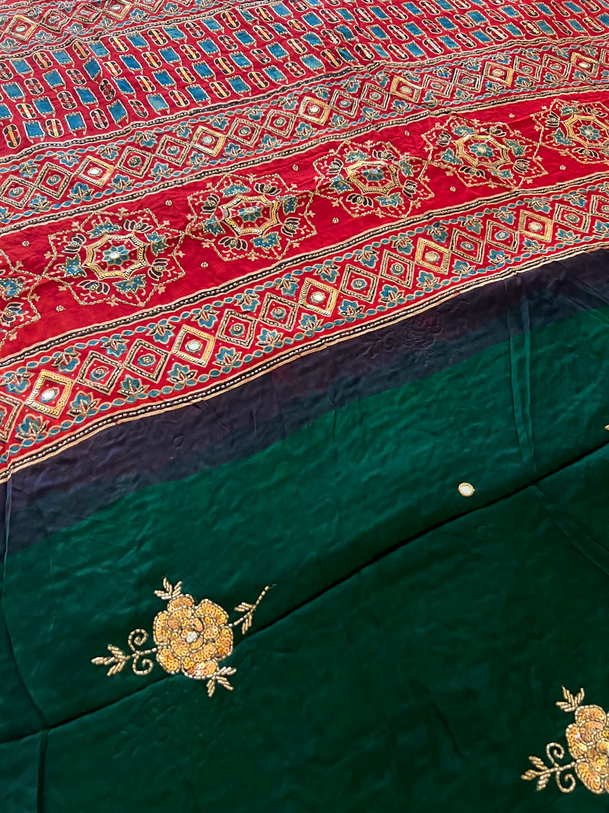 FOREST ROSE - Pure Modal Ajrakh Hand Embroidered Saree