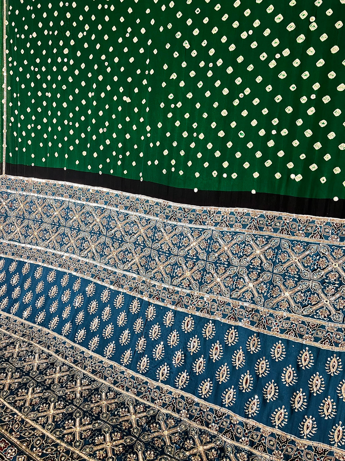 GREEN ROYALE BANDHANI - Pure Modal Bandhani Ajrakh Hand Embroidered Saree