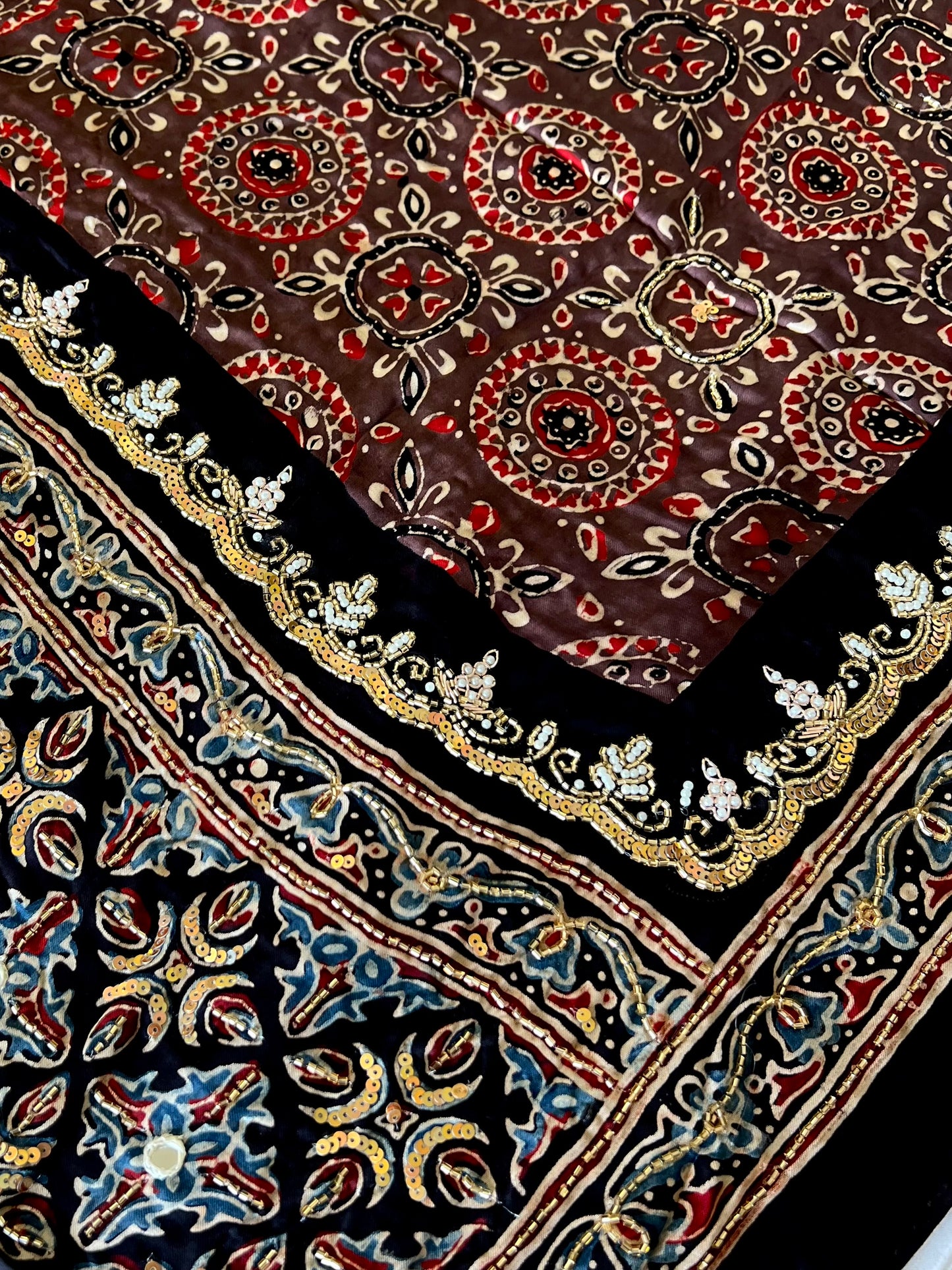 MOCHA MOON - Pure Modal Ajrakh Hand Embroidered Saree