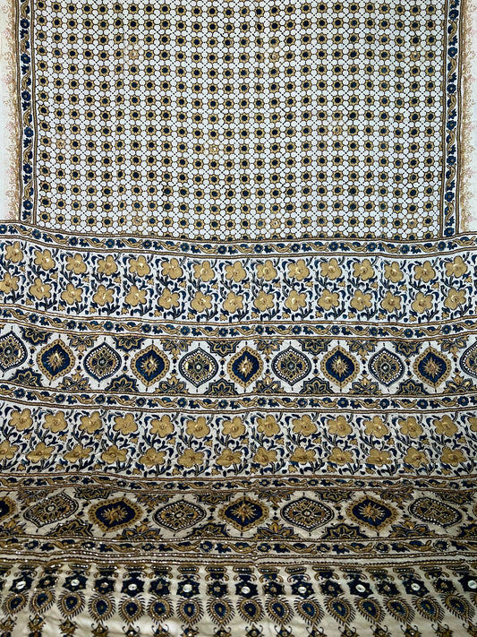 CLOUD JASMINE - Pure Modal Ajrakh Hand Embroidered Saree