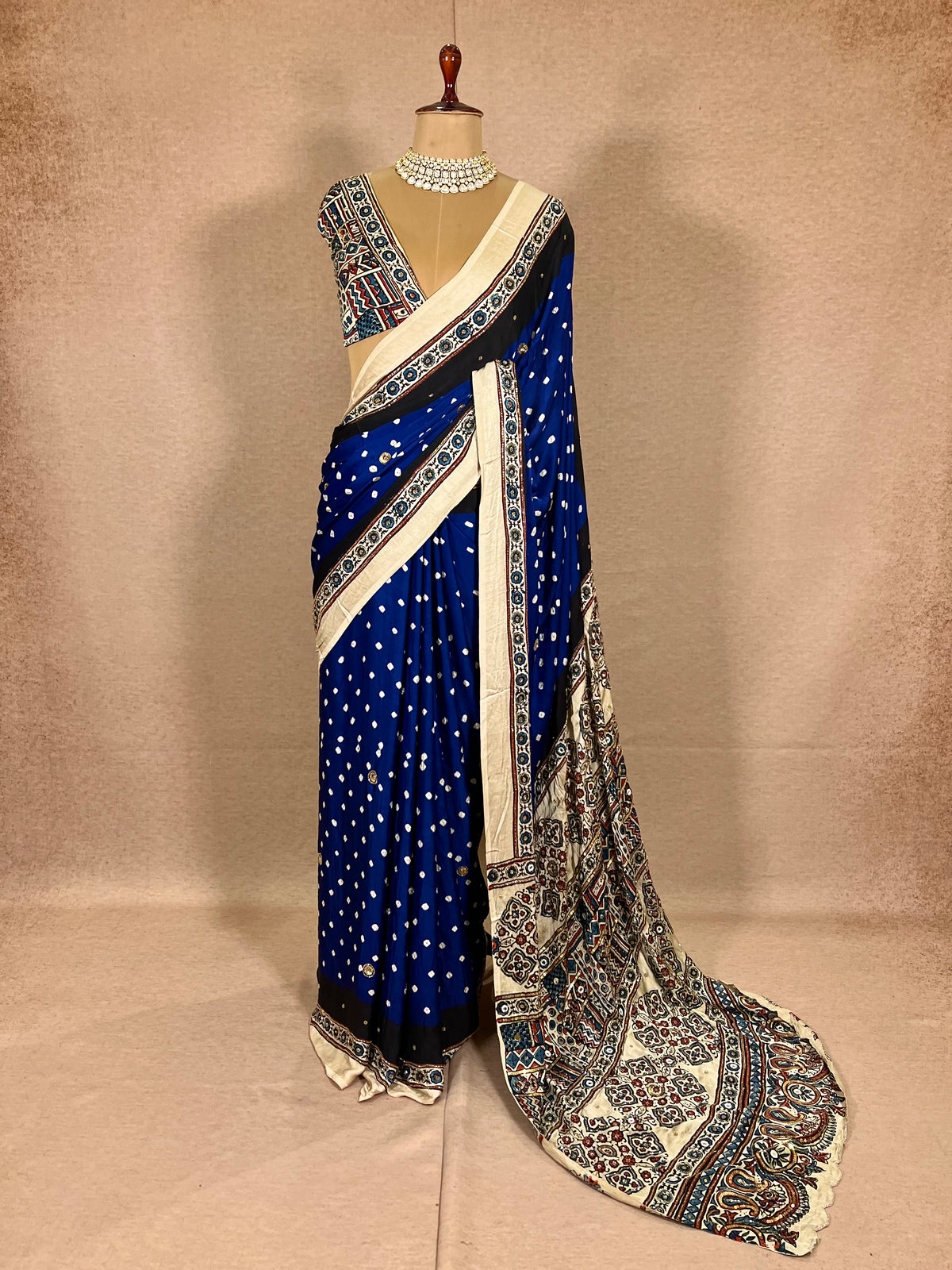 BLUE GRANDUER - Pure Modal Bandhani Ajrakh Hand Embroidered Saree
