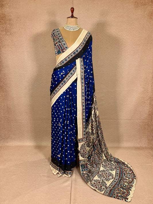 BLUE GRANDUER - Pure Modal Bandhani Ajrakh Hand Embroidered Saree