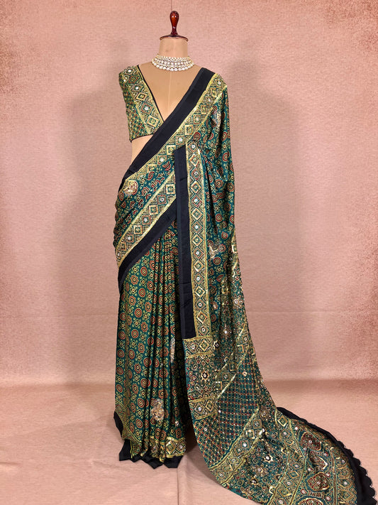 GLITTER ALLURE - Pure Modal Ajrakh Hand Embroidered Saree
