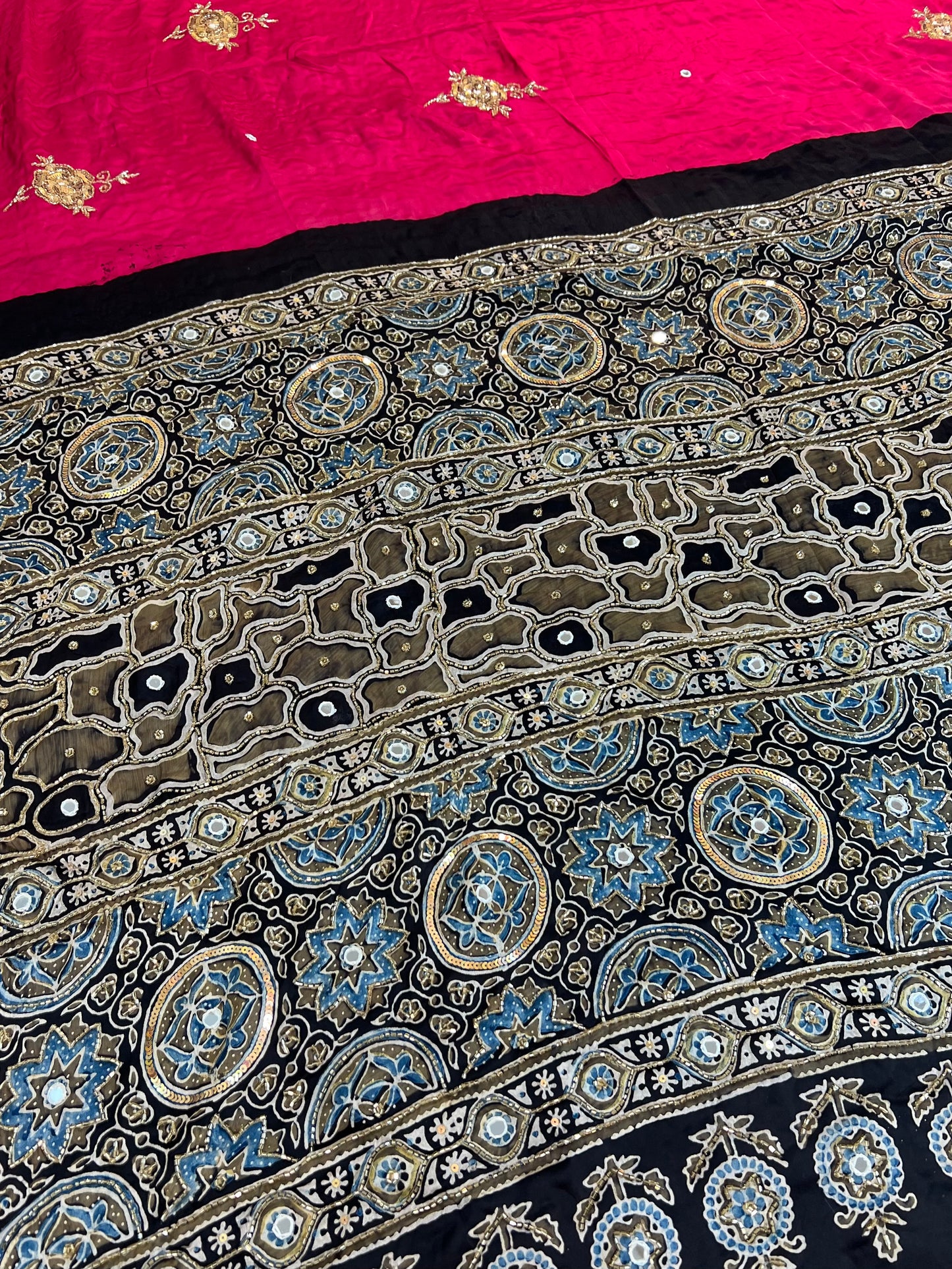 CHERRY ROSE - Pure Modal Ajrakh Hand Embroidered Saree